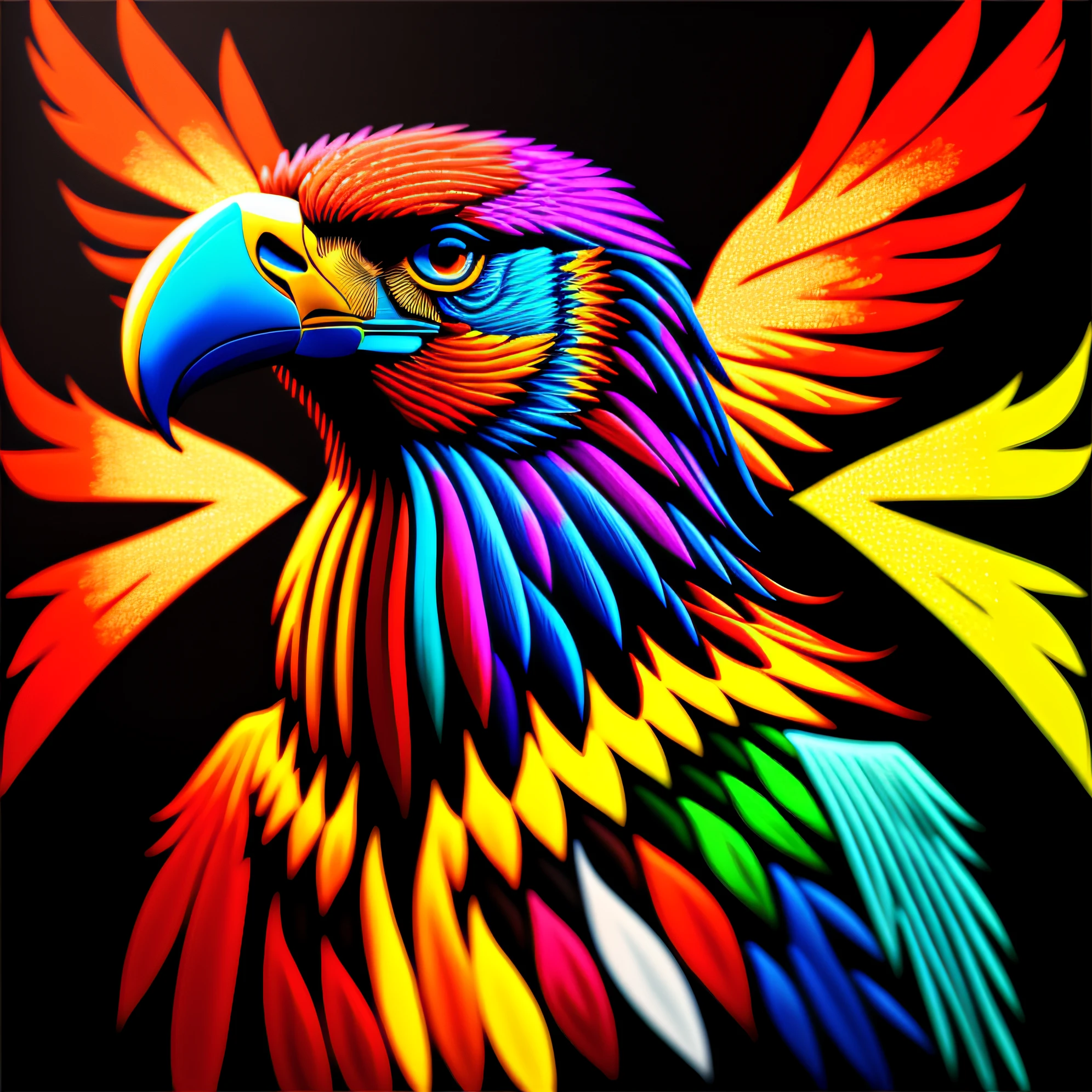 A painting of a colorful german Reichsadler eagle on a black background , breathtaking rendering, dans une connexion rayonnante, inspired by Kinuko Y. Craft,, Magical elements, icon, wow, est magnifique, lancer un sort multicolore, flash lumineux, flash, Canon, Fujifilm, motion lines, 8k, ccurate, best quality, award winning, high details