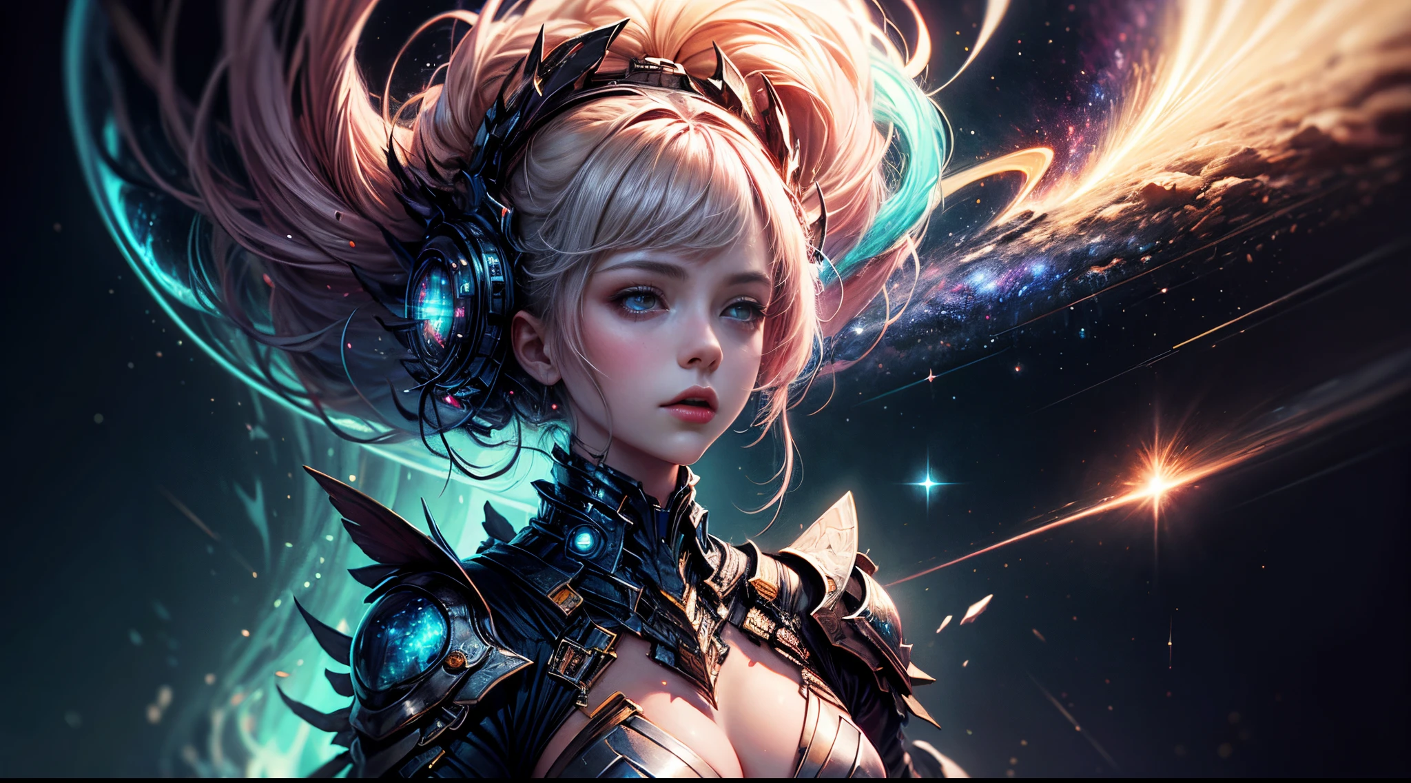 masterpiece, best quality, incredibly absurdres, high detail background, (glowing effect), starry sky, glowing nebula sky, colorful, neon light, fantasy, 1girl, solo, long hair