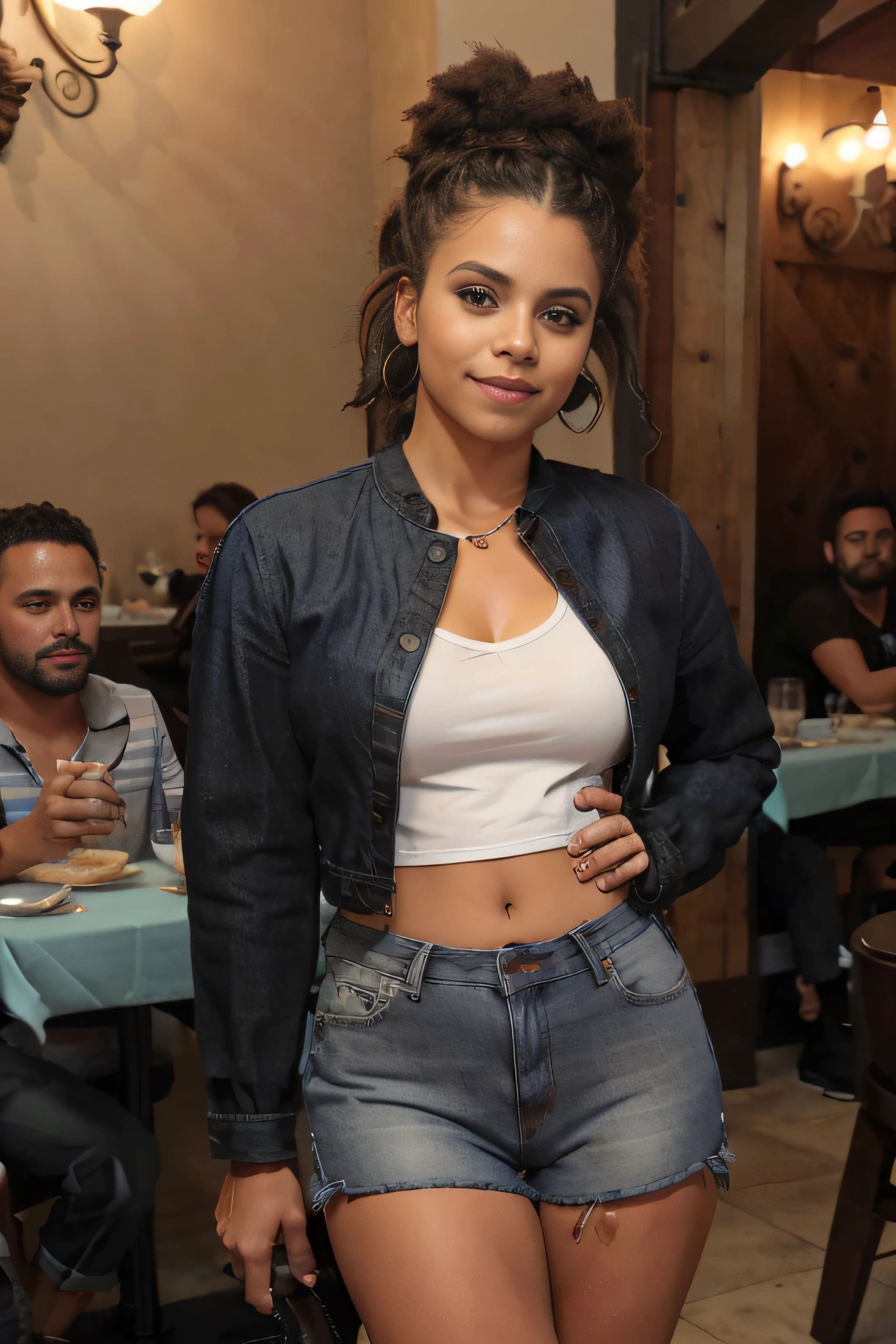 Photo of beautiful Caucasian woman, Zazie fotorrealista, Rastas, absurdos, ((con jeans desgastados,  blusa escotada blanca y chaqueta negra sexy)), ((sentada en restaurante, mirando a lo lejos))