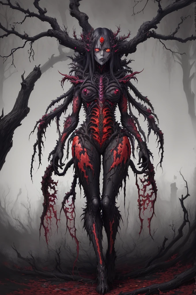 ultra detailed complex illustration of a corrupted humanoid plant, abstract, expressionism, oil paint, limited colors, eerie, creepy, nightmarish, bold colors, red eyes, black sclera, tree bark resembling human muscles and tendons, rotten, branches as hair, dark art by Mschiffer, ((full body))