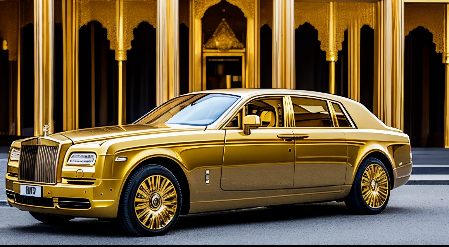 image of a gold rolls royce, in a very elegant gold palace