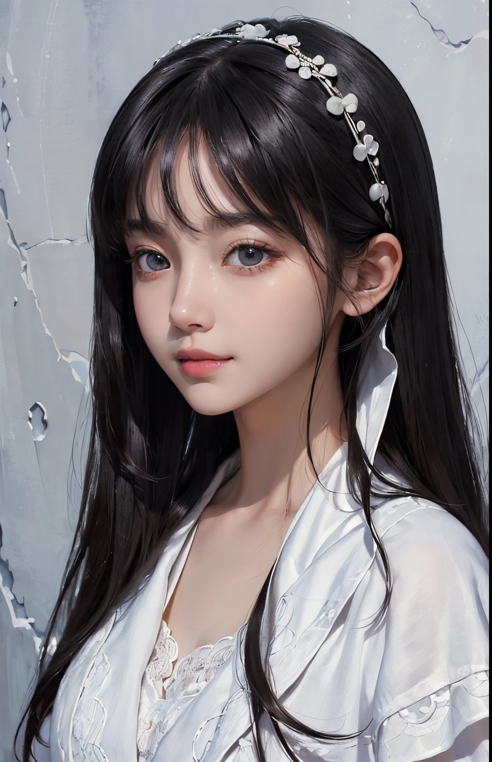 (A hyper-realistic)、(illustratio)、(hight resolution)、(8K)、(ighly detailed)、(Best Illustration)、(beautifully detailed eyes)、(top-quality)、(ultra-detailliert)、(​masterpiece)、(wall-paper）、（A detailed face）、独奏、1 girl in、looking at viewert、fine detailed、A detailed face、Dressed in a white coat、White clothes、deep-shadows、lowkey、pureerosfaceace_v1、A smile、long、Black shawl straight hair、46-point diagonal bangs