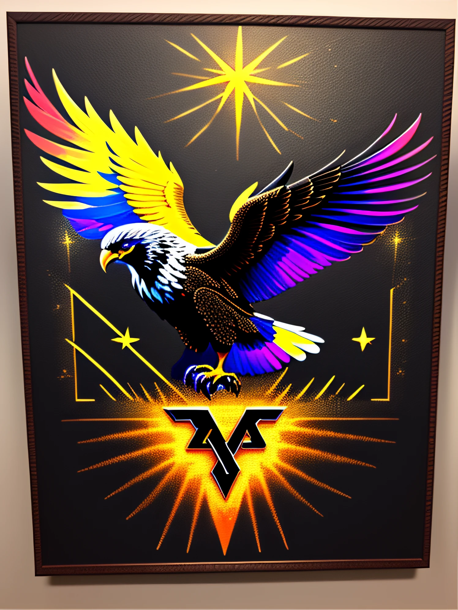 a painting of a large colored german ww2 nazi logo eagle on a black background, wings open, breathtaking rendering, within a radiant connection, inspired by Kinuko Y. Craft,, magical elements, kitten icon, wow, is beautiful, casting a multi colorful spell, bright flash, flash