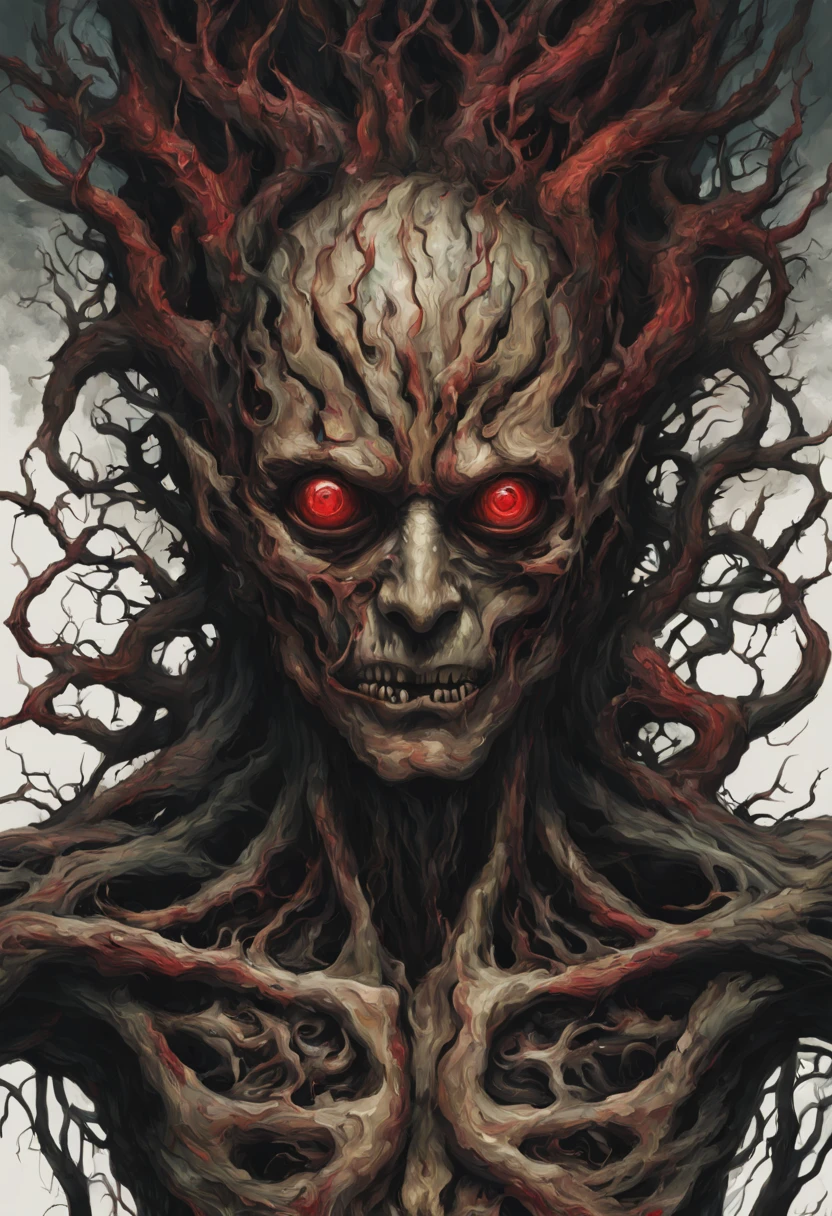 ultra detailed complex illustration of a corrupted humanoid plant, abstract, expressionism, oil paint, limited colors, eerie, creepy, nightmarish, bold colors, red eyes, black sclera, tree bark resembling human muscles and tendons, rotten, branches as hair, dark art by Mschiffer, ((full body))