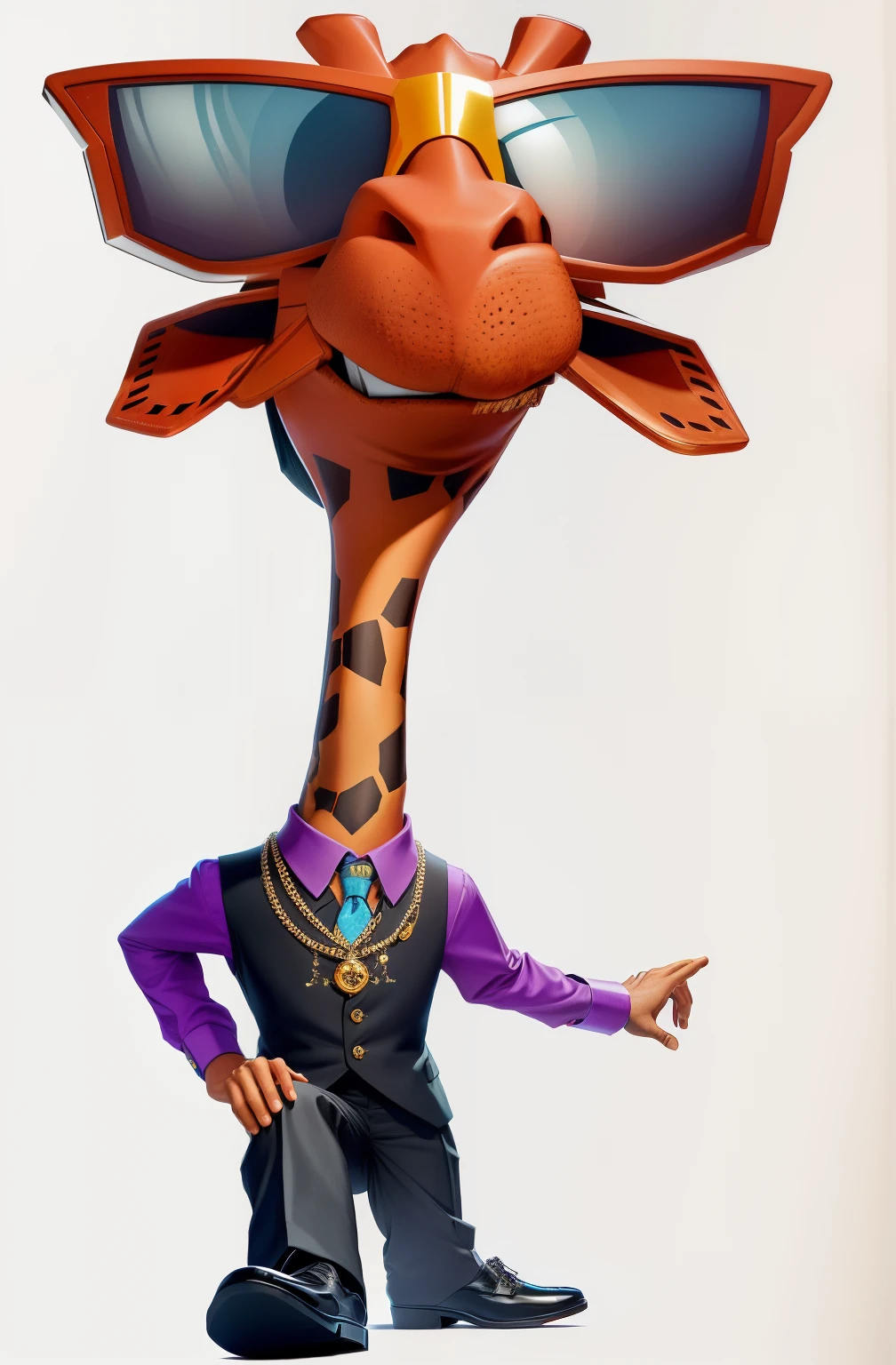 cartoon giraffe with sunglasses, hat and tie, long neck, NO long neck, very long neck, long necks, Lowres, alto, Caractere mesclado, imagem dos desenhos animados, Arte Oficial, mascote de corpo inteiro, your torso is long, he has an elongated head shape, villain pose, !!!Anthropomorphic!!!Usa colete preto.O colete tem o tamanho do troco.At the end of the vest we see the dress pants. grey pants.Wear gray dress pants.He's on his feet, but your legs are small. Sapatos brancos com bico branco.dollar sign necklace.estilo gangster.boca fechada.Lingua para fora no canto esquerdo.descolado.estilo Pixar 3D.modelo em 3D.Wear formal pants.sapatos detalhados. detailed hands.Sapato detalhado.At the end of the pants, Use sapatos.sapato social.Region below the torso wears dress pants.Personagem tem as pernas pequenas.Sapatos sociais com formas definidas.Abaixo do colete existe as duas pernas.Wear dress pants and dress shoes.Lingua para fora.Canto inferior da lingua.