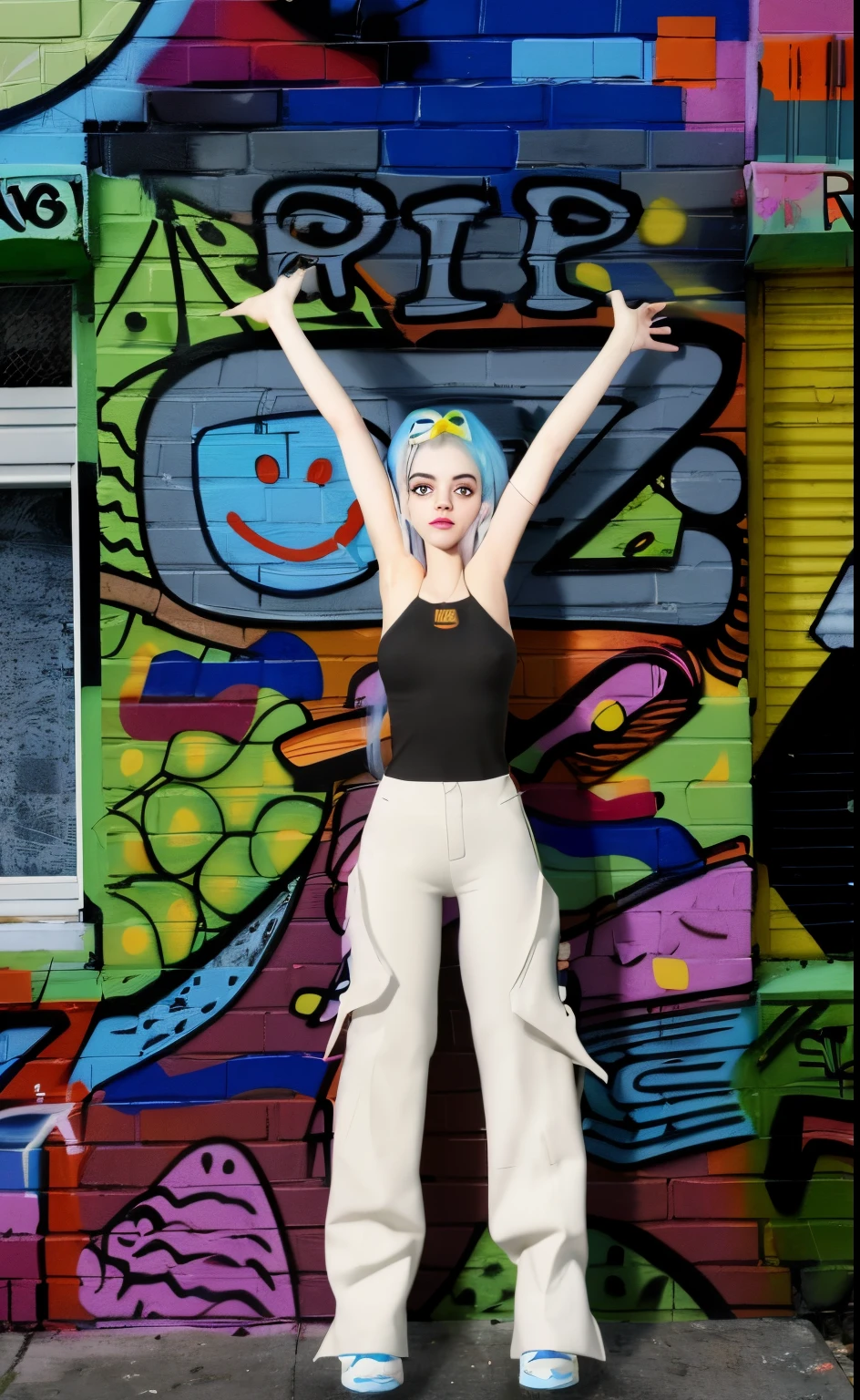 Graffiti on the wall of a building, Posar(arms up + Feliz), fanart menina urbana, she is dancing. Realistic, grafite ao fundo, assemelhando-se a uma mistura de grimes, grafite no fundo, Retrato de Billie Eilish, Overlord Billie Eilish, Artdoll, Billie Eilish, arte digital. @mariomaniacdude, Personagem 3D