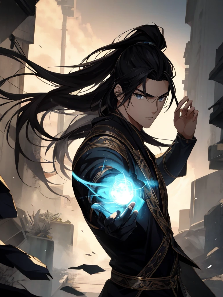 Anime boy with black hair and black clothes,Long gray hair,high ponytails,gilgamesh, grand order of destiny, style anime, Like fate/spend the night with, destiny / spend the night with, Portrait of a magical blond prince, handsome anime pose, Fate still stays at night, joseph joestar, male anime characters, Produced by Anime Painter Studio, 8K!