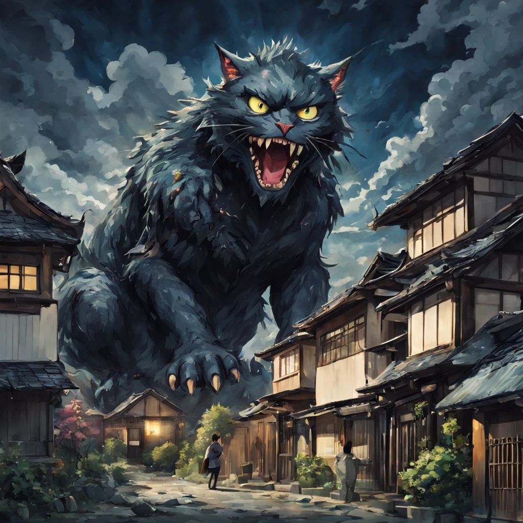 anime, cartoon, (huge cat monster destroying houses:1.2), eating people, beautiful japanese architecture, (godzilla:1), cinematic, catastrophic film