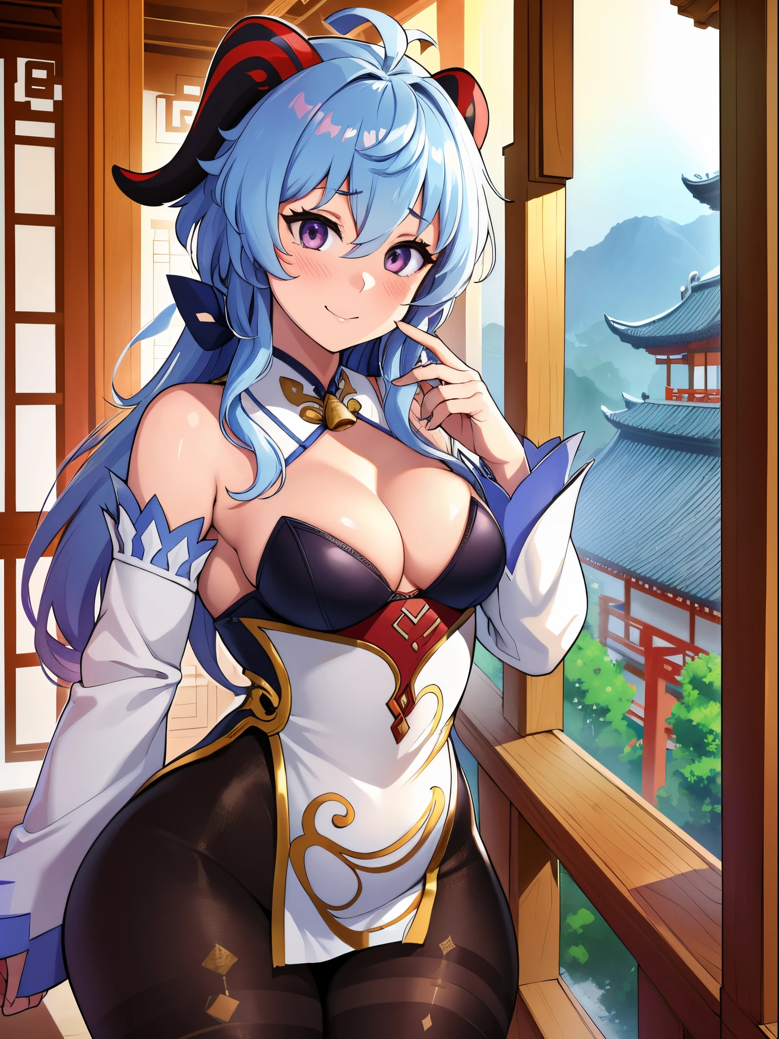 ((high res)), (Masterpiece), perfect anatomy, perfect shading, field of depth, (best quality), extremely delicate and beautiful, perfect lighting, detailed face, ultra cute face, cute, (cowboy shot 1.2), looking at viewer, full body, ((1girl)), ((solo)), genshin impact ((Ganyu)),
((blush)), shy, smile, (chinese dress 1.5), extremely tight clothes, (small breasts), cleavage, perky breasts, ((wide hips)), (thick thighs), ass,
chinese architecture, temple, outside, intricate background, detailed background,