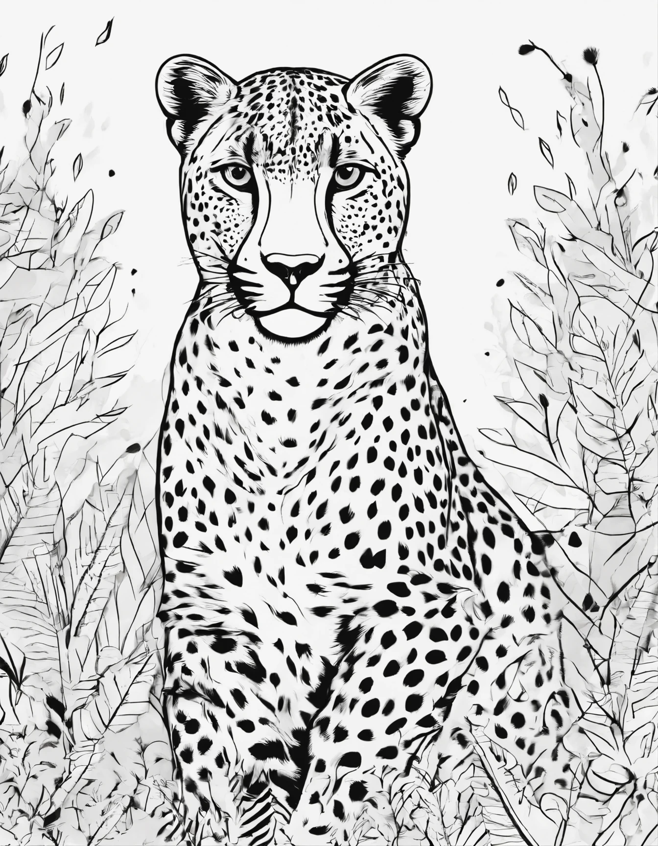(best quality,highres:1.2),cheetah cat,white background,coloring book,African savanna elements,wildlife,animals,nature,detailed fur,spots,paw prints,gradient colors,playful expression,endangered species,vibrant,colorful,sharp focus,sketch-like,line art style,comic style,crisp lines,high contrast lighting,vivid colors,texture,contrast,black eyes,whiskers,stripes