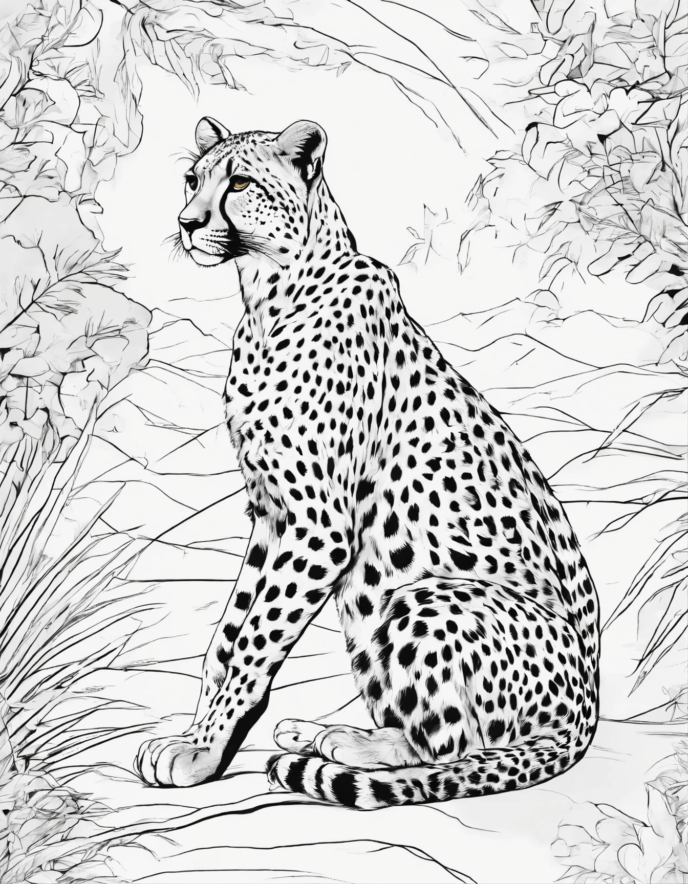 (best quality,highres:1.2),cheetah cat,white background,coloring book,African savanna elements,wildlife,animals,nature,detailed fur,spots,paw prints,gradient colors,playful expression,endangered species,vibrant,colorful,sharp focus,sketch-like,line art style,comic style,crisp lines,high contrast lighting,vivid colors,texture,contrast,black eyes,whiskers,stripes