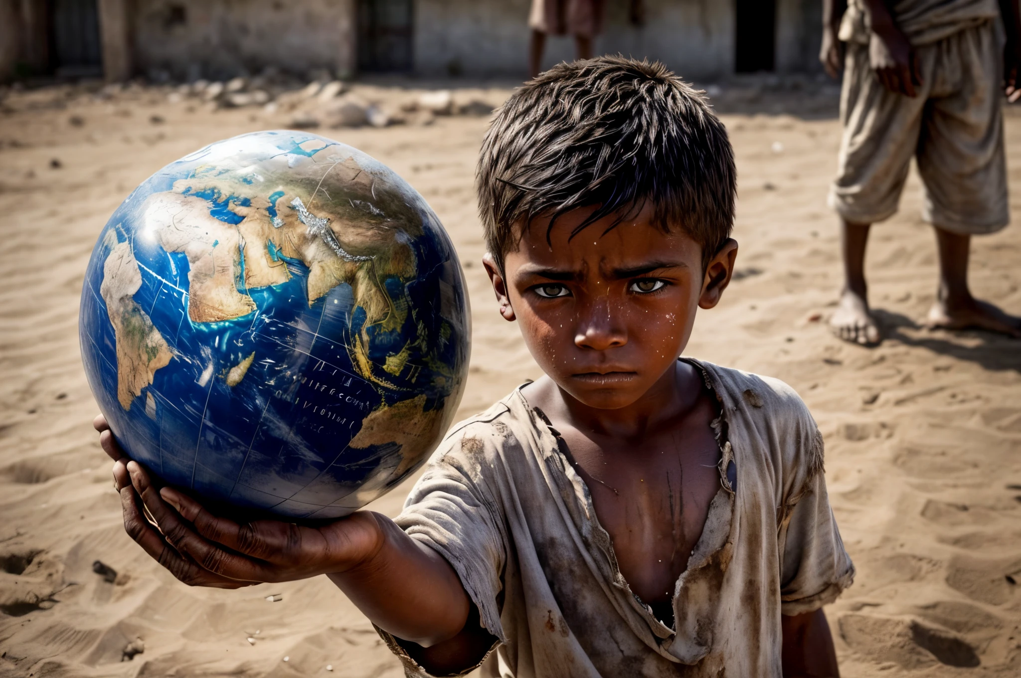 Create a vivid and evocative image capturing the harshness of poverty: Depict a young white boy, his countenance reflecting deep sorrow, adorned in threadbare clothing and marred by grime. Craft the setting with meticulous detail, showcasing the boy holding a ball that mirrors the Earth, symbolizing the weight of global struggles. Let the background portray a 3rd world country, carefully rendering the challenges faced by its inhabitants. Employ a shallow depth of field, ensuring the focal point remains the Earth-like ball in the boy's hands, conveying a poignant message through realism and attention to detail.