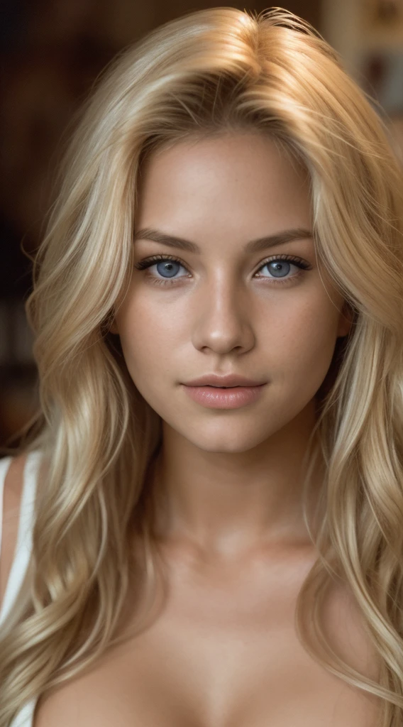 a close up of a woman with long blonde hair and blue eyes, beautiful blonde girl, beautiful model girl, beautiful blonde woman, a gorgeous blonde at a very expensive restaurant