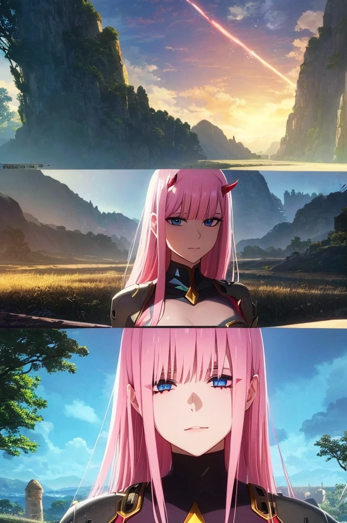 Zero Two,beautiful detailed eyes,beautiful detailed lips,extremely detailed eyes and face,longeyelashes,medium:illustration,ultra-detailed,(best quality,4k,8k,highres,masterpiece:1.2),ultra-fine painting,realistic,anime,portrait,vivid colors,warm color tone,soft lighting,blue horns,red uniform,pink hair,fluid movement,confident expression,romantic atmosphere,sci-fi elements,mecha,co-pilot partner,Hiro,twisted personalities,emotional connection,love story,post-apocalyptic setting,abandoned city,beautiful flowers,garden scenery,enchanted forest,flying butterflies,star-filled sky,sunset background,lens flares