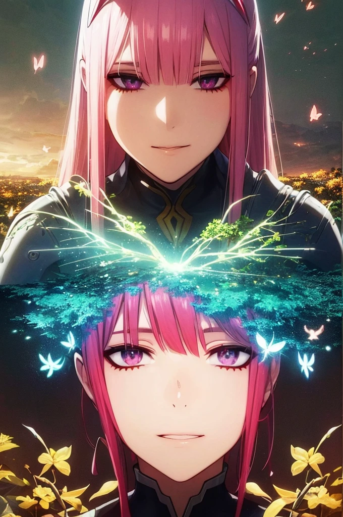 Zero Two,beautiful detailed eyes,beautiful detailed lips,extremely detailed eyes and face,longeyelashes,medium:illustration,ultra-detailed,(best quality,4k,8k,highres,masterpiece:1.2),ultra-fine painting,realistic,anime,portrait,vivid colors,warm color tone,soft lighting,blue horns,red uniform,pink hair,fluid movement,confident expression,romantic atmosphere,sci-fi elements,mecha,co-pilot partner,Hiro,twisted personalities,emotional connection,love story,post-apocalyptic setting,abandoned city,beautiful flowers,garden scenery,enchanted forest,flying butterflies,star-filled sky,sunset background,lens flares