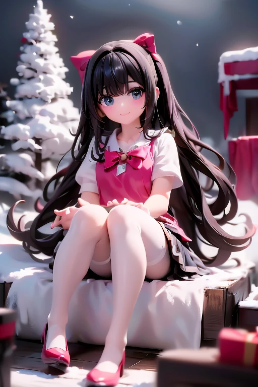 a cute girl smiling sitting on a sleigh, black hair, christmas steampunk dress, christmas hair ribbons, white pantyhose, red pumps, magical night, winter night, magical sparks floating, falling snow,