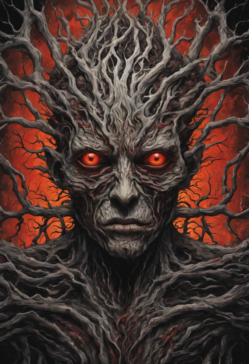 ultra detailed complex illustration of a corrupted humanoid plant, abstract, expressionism, oil paint, limited colors, eerie, creepy, nightmarish, bold colors, red eyes, black sclera, tree bark resembling human muscles and tendons, rotten, branches as hair, dark art by Mschiffer, ((full body))