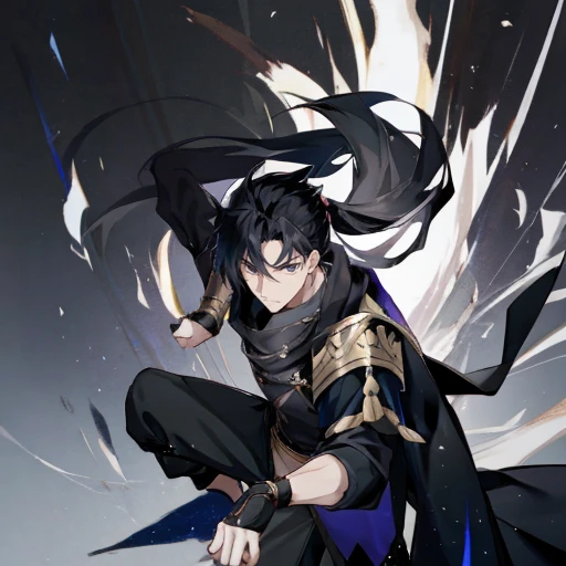 Anime boy with black hair and black clothes,Long gray hair，high ponytails，Black scarf，gilgamesh, grand order of destiny, style anime, Like fate/spend the night with, destiny / spend the night with, Portrait of a magical blond prince, handsome anime pose, Fate still stays at night, joseph joestar, male anime characters, Produced by Anime Painter Studio, 8K!