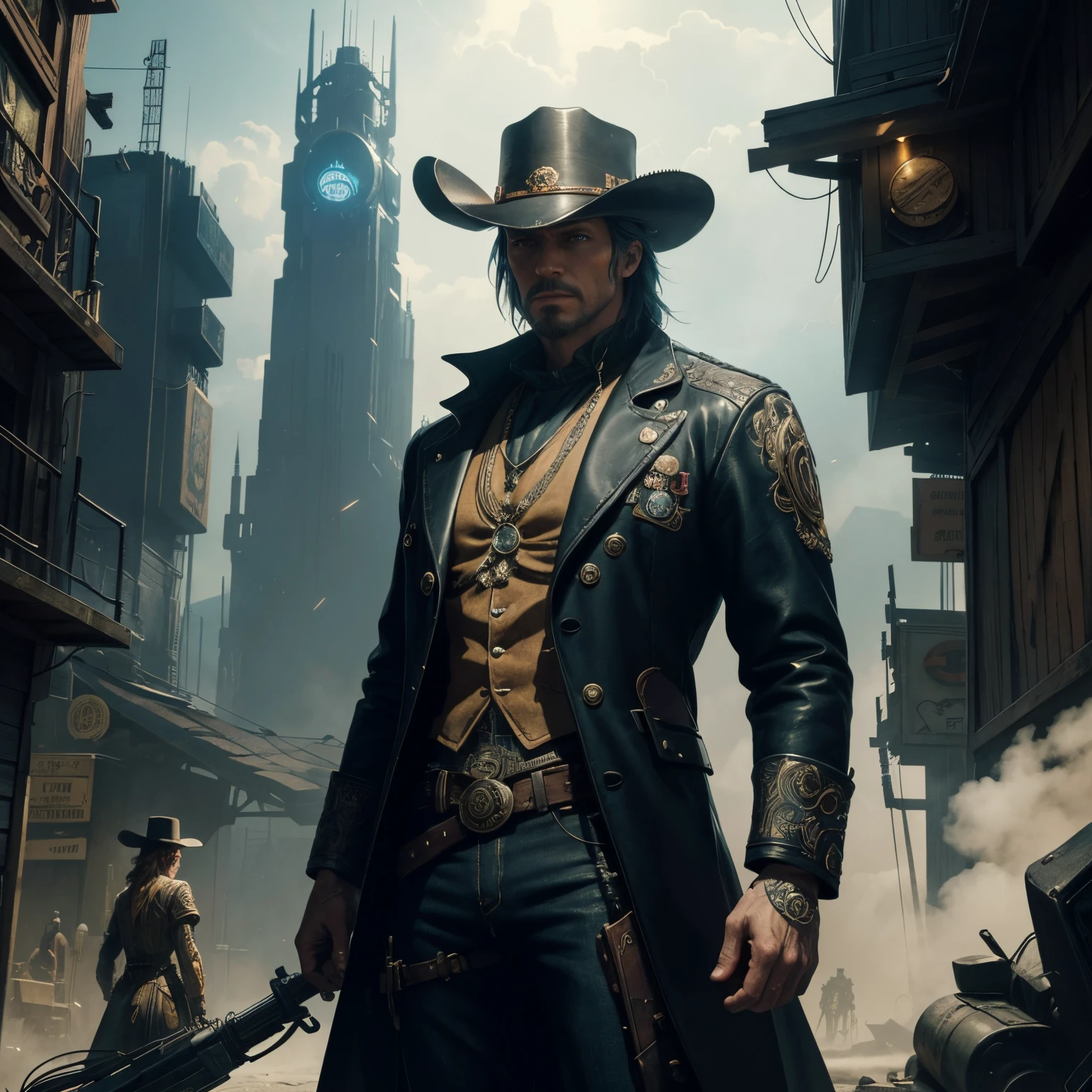An intricately detailed digital 2D illustration depicting a cyberpunk wild west scene, with a central figure wearing a hat and suit composed in Aleksander Gine's signature style. The illustration has a vivid pallet and advanced textures reminiscent of Beeple's cutting-edge works, as well as Moebius' sublime compositions and Senior concept artist Peter Mohrbacher's imaginative style. The scene incorporates dramatic volumetric lighting, with rays of light and smoke flowing cinematically around the central character. The composition has a vivid storybook style brought to life through intricate details in the costume and scene around the man in the hat. Textures are highly advanced with precision comparable to 8K reference photos. The vivid colors and lighting create high visual interest comparable to fantasy art contest winners. The illustration style blends Western and Victorian fashion seamlessly with cyberpunk environment. The detailed illustration could be a panel in a graphic novel or a key art piece for a fantasy entertainment property. Overall, the description requests an imaginative, beautifully rendered illustration centering around a cowboy-style character, set in a retrofuturistic scene and rendered with a high level of texture, lighting and detail befitting a professional concept artist's portfolio piece.
