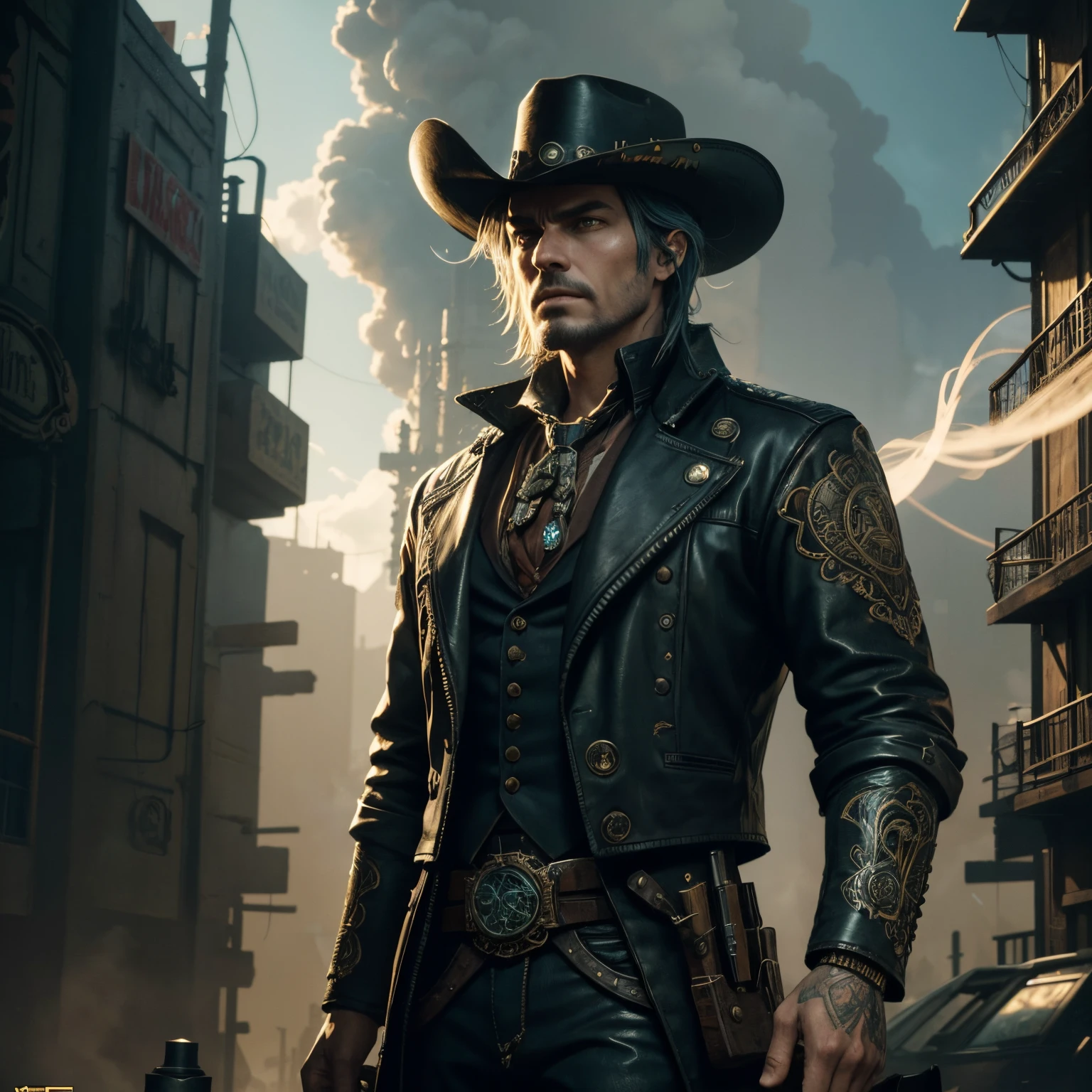 An intricately detailed digital 2D illustration depicting a cyberpunk wild west scene, with a central figure wearing a hat and suit composed in Aleksander Gine's signature style. The illustration has a vivid pallet and advanced textures reminiscent of Beeple's cutting-edge works, as well as Moebius' sublime compositions and Senior concept artist Peter Mohrbacher's imaginative style. The scene incorporates dramatic volumetric lighting, with rays of light and smoke flowing cinematically around the central character. The composition has a vivid storybook style brought to life through intricate details in the costume and scene around the man in the hat. Textures are highly advanced with precision comparable to 8K reference photos. The vivid colors and lighting create high visual interest comparable to fantasy art contest winners. The illustration style blends Western and Victorian fashion seamlessly with cyberpunk environment. The detailed illustration could be a panel in a graphic novel or a key art piece for a fantasy entertainment property. Overall, the description requests an imaginative, beautifully rendered illustration centering around a cowboy-style character, set in a retrofuturistic scene and rendered with a high level of texture, lighting and detail befitting a professional concept artist's portfolio piece.