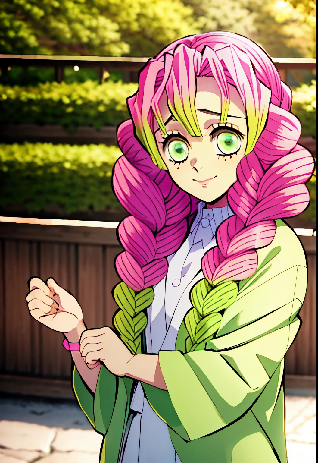 Mitsuri_normal, smirk, (gorgeous, beautiful, enchanting:1.3), pale green eyes with long eyelashes, a small beauty mark beneath each of them, light pink hair that fades into a lime green color at the halfway point, one girl, 1 girl