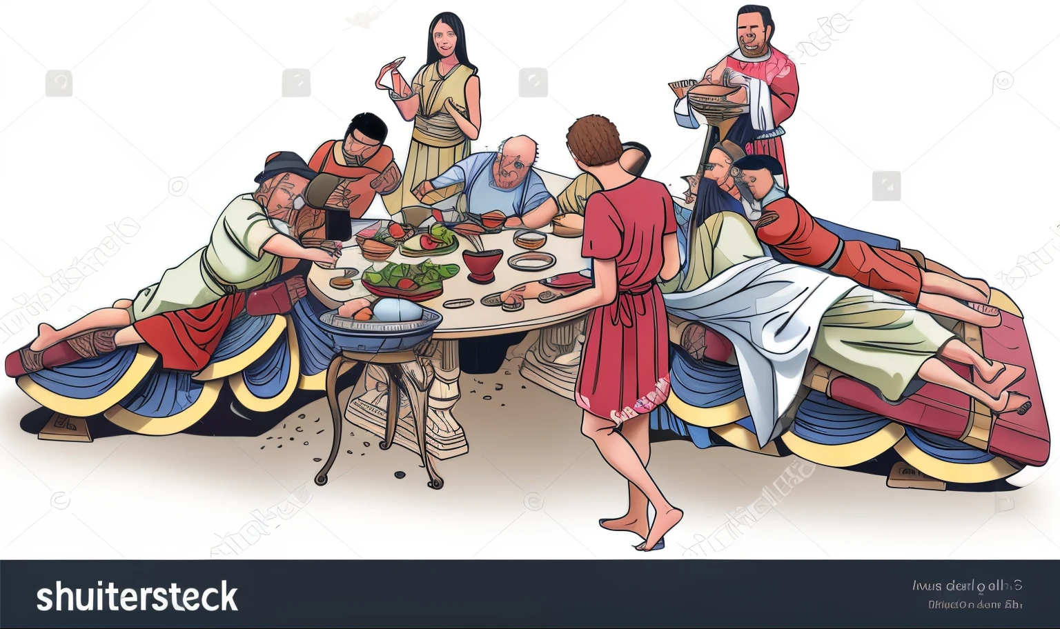 a cartoon representation of a group of people sitting around a table eating, Person inside eating meals, Person at the Table, last supper composition, em uma mesa de jantar, family dinner, bible illustration, !!Posando_como_Lastly_ceia, the table is full of food, biblical art style, last supper, jesus wasted at a party, hd illustration, dinner is served