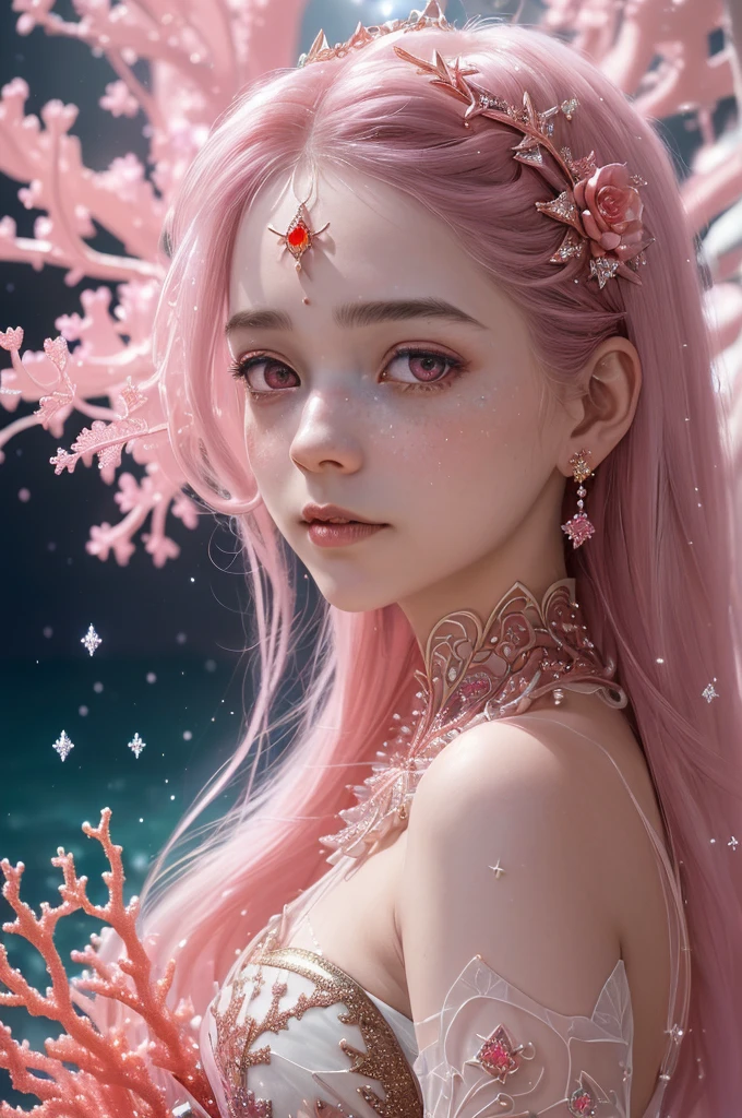 photo RAW, (Black, pink, fuchsia, red : Portrait of a ghostly long tailed crystal, white ice crystals, opal snowflakes, rose gold minerals, woman, shiny aura, highly detailed, frozen organically grown crystals, gold and pearl filigree, intricate motifs, organic tracery, Kirnan Shipka, Januz Miralles, Hikari Shimoda, glowing stardust by W. Zelmer, perfect composition, smooth, sharp focus, sparkling particles, lively coral reef background Realistic, realism, hd, 35mm photograph, 8k), masterpiece, award winning photography, natural light, perfect composition, high detail, hyper realistic