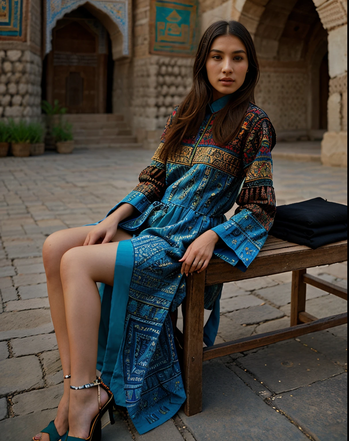 high fashion, hyperrealism, clothing in the style of the Ark fortress, the ancient citadel in Bukhara, Uzbekistan, material with a traditional pattern or drawings in the spirit of the works of artists of that time: at the same time, clothing models refer to those times,material decorated with traditional patterns or drawings inspired by the works of famous artists to create a unique image
