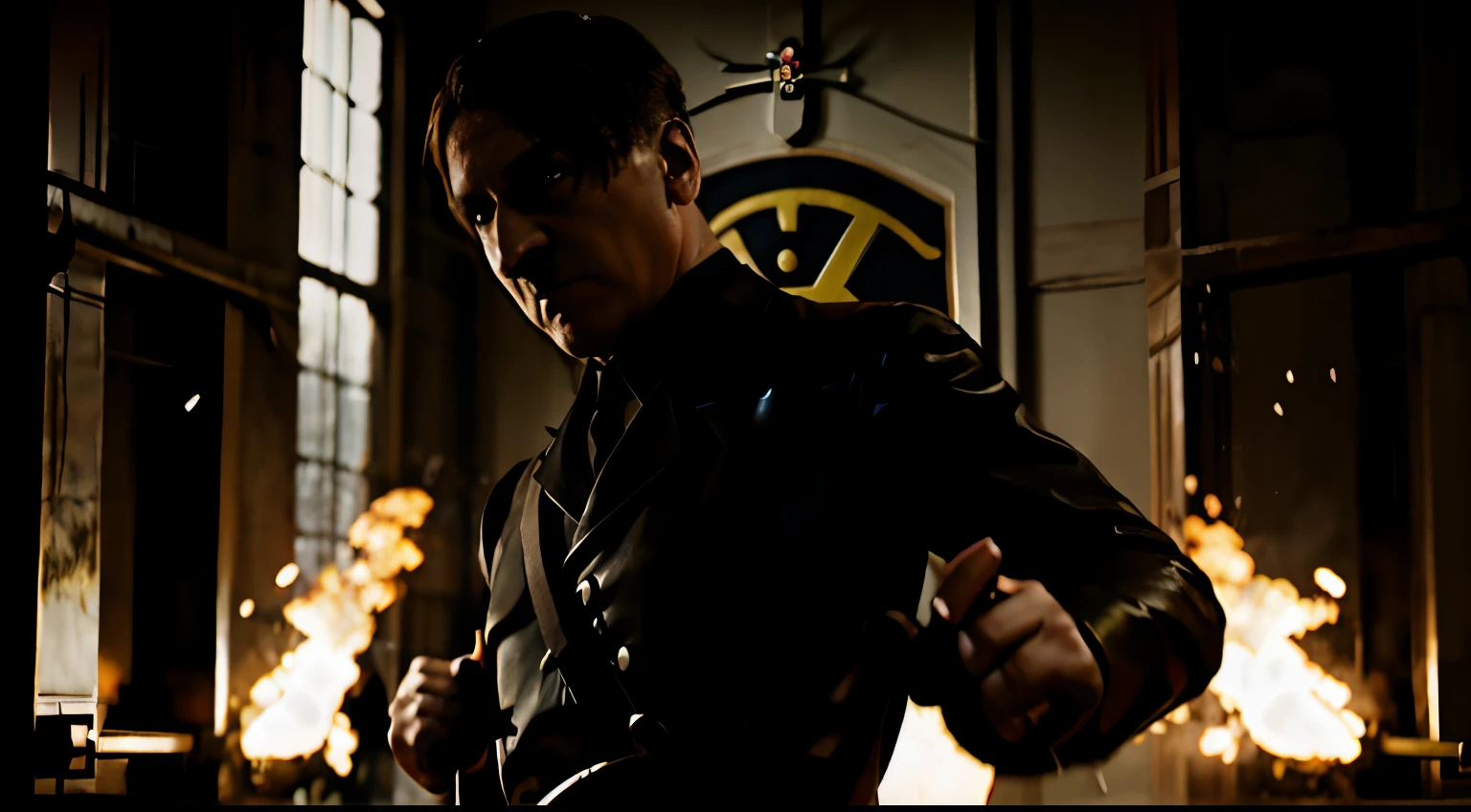 adolfhitler, ready to fight, mortal kombat scene fighter, hyperrealistic