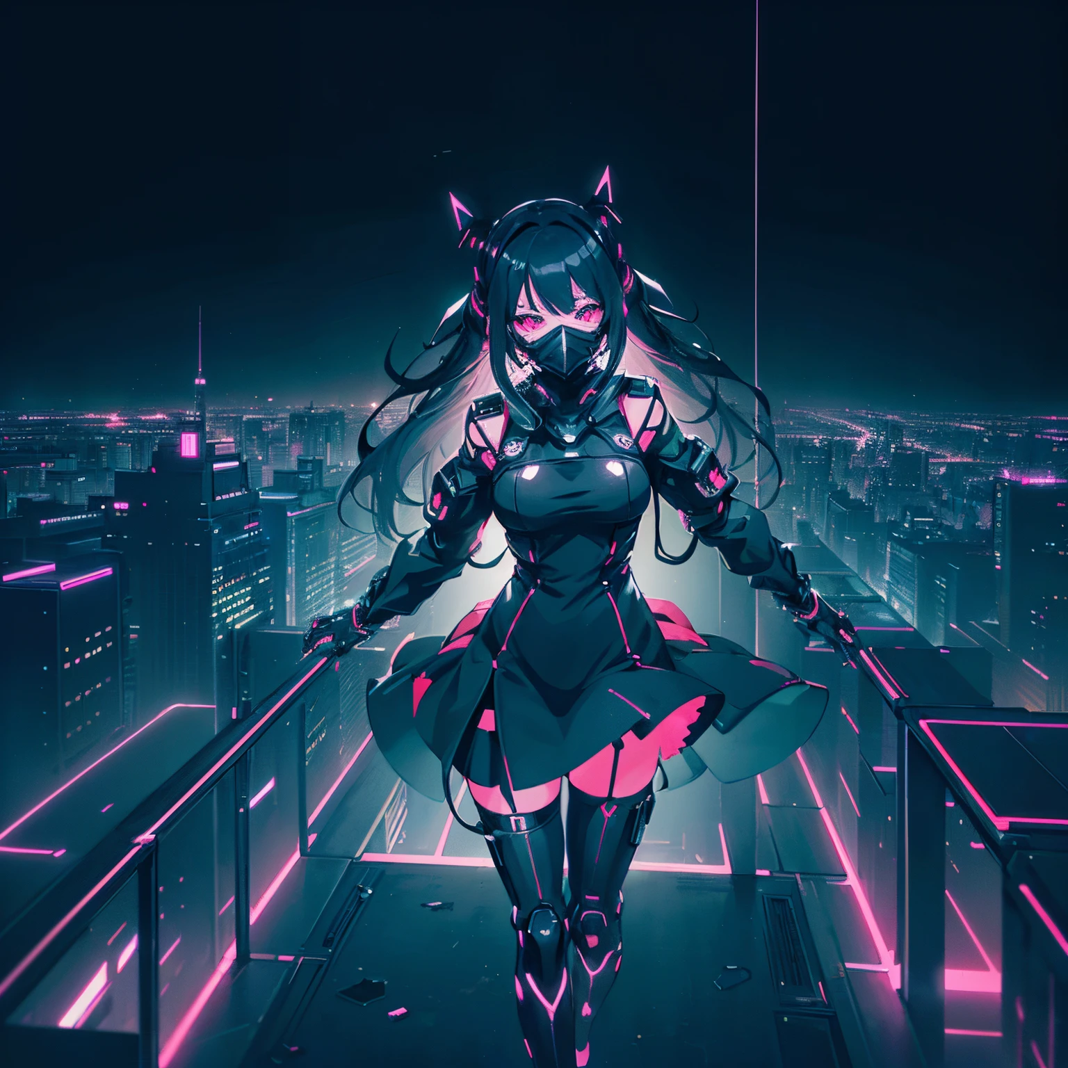 anime, (masterpiece, best quality, ultra-detailed, high-contrast), 1 girl (solo, full body, petite body, standing at the edge of skyscraper,  silver hair, (((cyber respirator mask covering mouth, black cyber mask with neon pink))), long flowing hair, glowing red ruby eyes, (black dress, neon pink dress highlights), black see-through stockings), (skyscraper rooftop, overlooking a city, detailed background ((night time, darkness, low light pollution)))