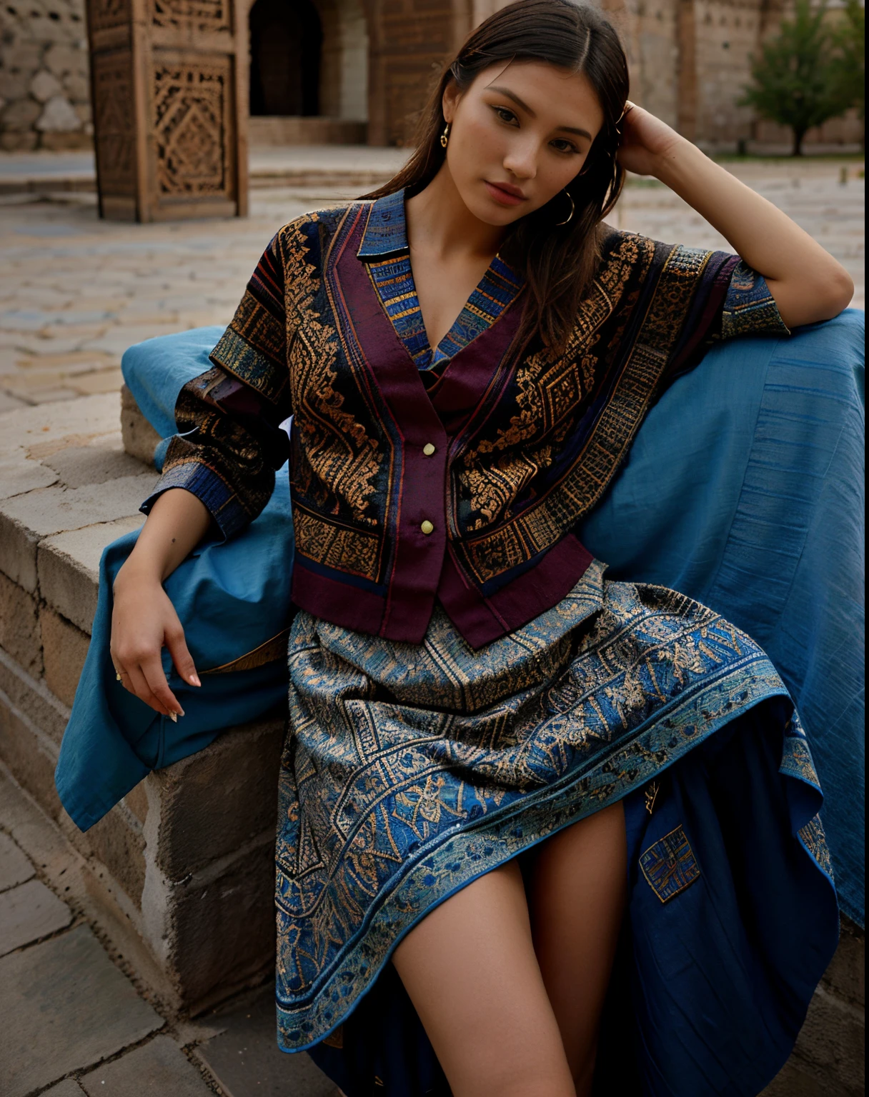 high fashion, hyperrealism, clothing in the style of the Ark fortress, the ancient citadel in Bukhara, Uzbekistan, material with a traditional pattern or drawings in the spirit of the works of artists of that time: at the same time, clothing models refer to those times,material decorated with traditional patterns or drawings inspired by the works of famous artists to create a unique image