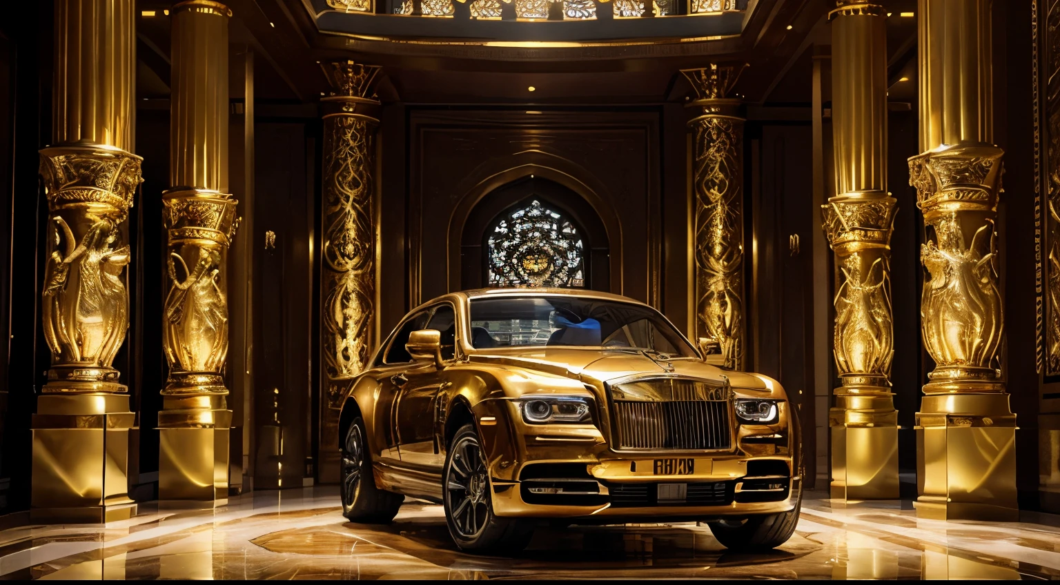 gold Rolls Royce,walking tiger,in an elegant gold palace,value,high-end,luxury,sleek design,shiny,reflective,metallic finish,opulence,expensive,exquisite craftsmanship,eye-catching,attention-grabbing,tiger pattern,stripes,fierce,graceful,tame,royal presence,imposing,big cat,beautifully decorated exterior,ornate details,stunning architecture,marble columns,ornamental statues,grand entrance,regal atmosphere,sunlight streaming through large windows,soft golden lighting,rich colors,contrast between gold and black,royal emblem,carved patterns,smooth surface,flawless,unblemished,high-resolution,meticulous attention to detail,vivid colors,tiger's intense gaze,fierce eyes,striking contrast,powerful stance,tiger's majestic stride,impressive car engine sound,engine's raw power,smooth ride,comfortable interior,leather seats,plush cushions,spaciousness,luxurious experience.