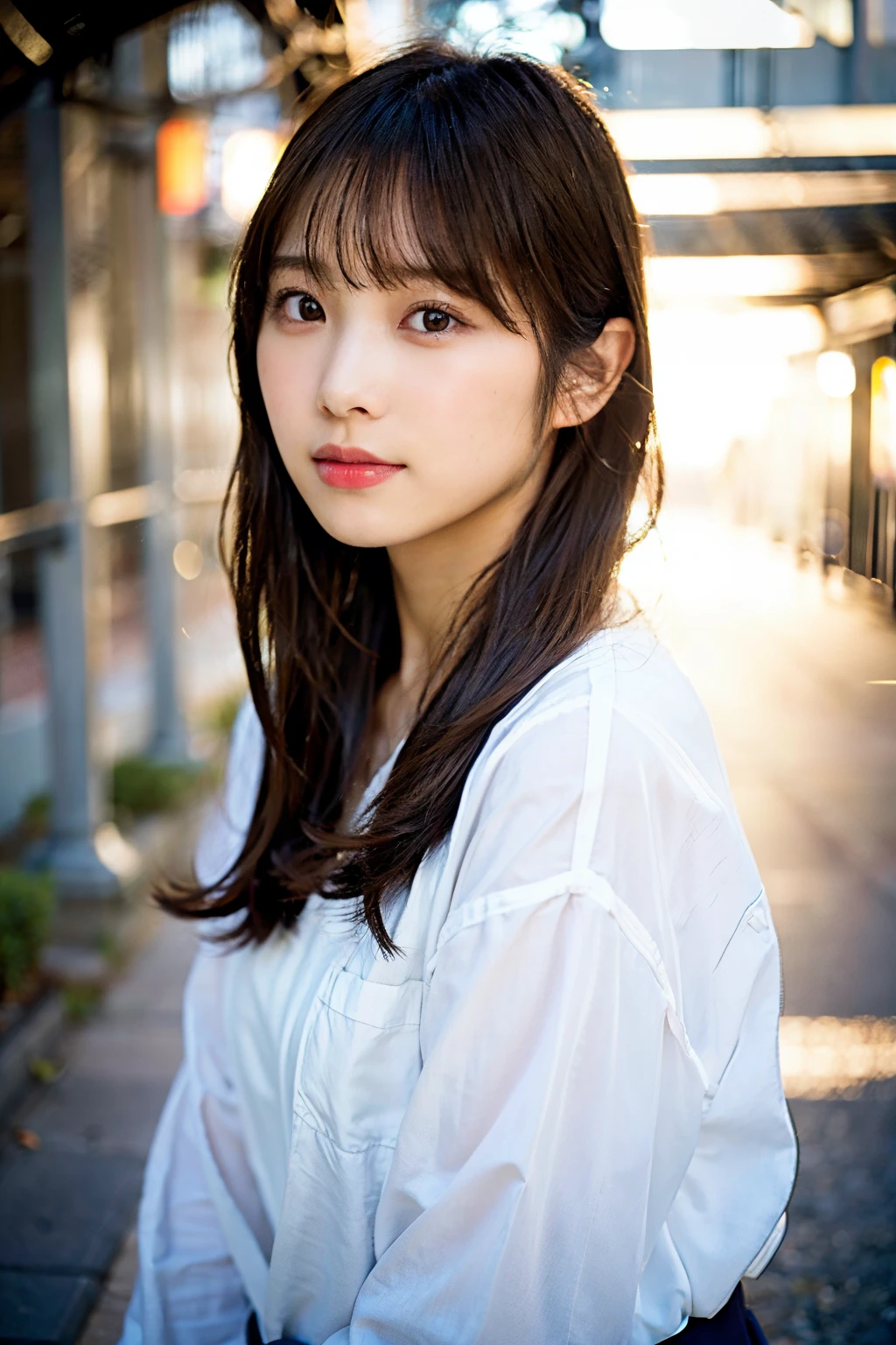 (top-quality、16K resolution)女の子1人、独奏、natural soft light、A Japanese Lady、Looking at the camera、Concrete background、Facing the front、is standing、long、Woman in her late teens、Light bangs、Salon model、Natural look、portlate、floated hair、