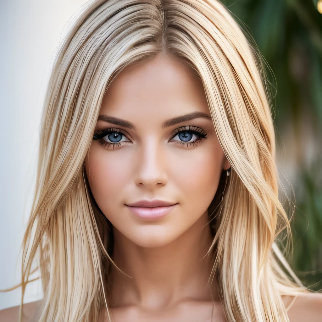 Retrato , Caucasian woman 26 years old, pelo largo, pelo rubio platino. Ojos claros, protecciones perfectas, ojos grandes, 8k, mor detallado, ojos muy detallados, labios carnosos muy detallados, sonrisa:0.7. mirada seductora. Mirada al frente, ????. Imagen centrada. Melena rubia