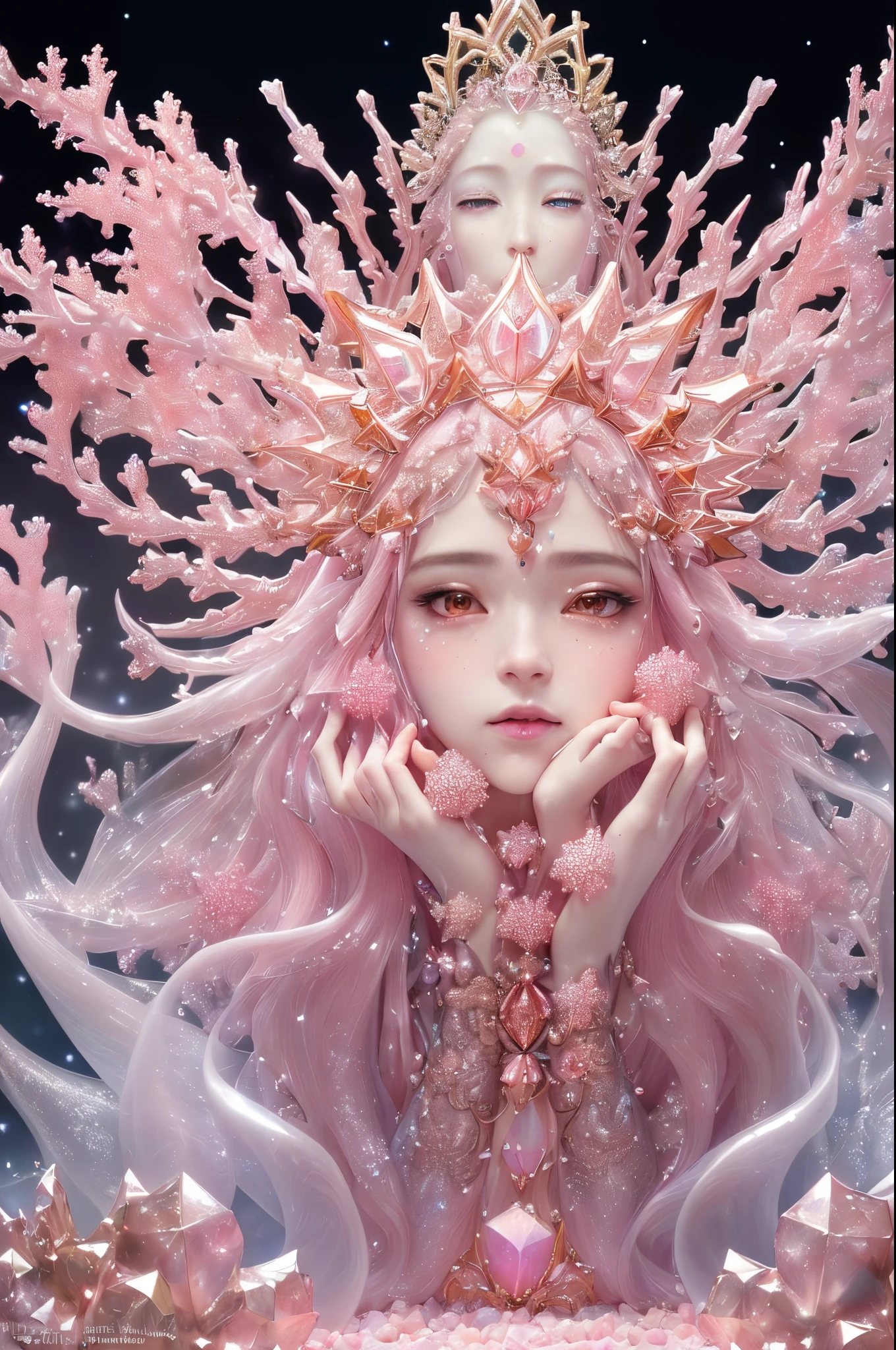 photo RAW, (Black, pink, fuchsia, red : Portrait of a ghostly long tailed crystal, white ice crystals, opal snowflakes, rose gold minerals, woman, shiny aura, highly detailed, frozen organically grown crystals, gold and pearl filigree, intricate motifs, organic tracery, Kirnan Shipka, Januz Miralles, Hikari Shimoda, glowing stardust by W. Zelmer, perfect composition, smooth, sharp focus, sparkling particles, lively coral reef background Realistic, realism, hd, 35mm photograph, 8k), masterpiece, award winning photography, natural light, perfect composition, high detail, hyper realistic