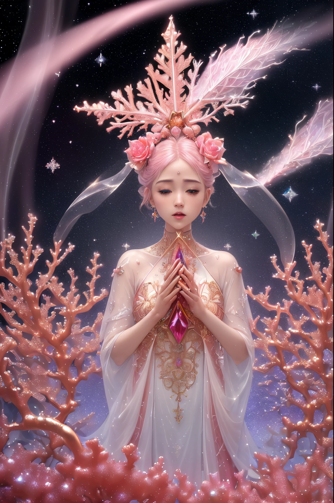 photo RAW, (Black, pink, fuchsia, red : Portrait of a ghostly long tailed crystal, white ice crystals, opal snowflakes, rose gold minerals, woman, shiny aura, highly detailed, frozen organically grown crystals, gold and pearl filigree, intricate motifs, organic tracery, Kirnan Shipka, Januz Miralles, Hikari Shimoda, glowing stardust by W. Zelmer, perfect composition, smooth, sharp focus, sparkling particles, lively coral reef background Realistic, realism, hd, 35mm photograph, 8k), masterpiece, award winning photography, natural light, perfect composition, high detail, hyper realistic