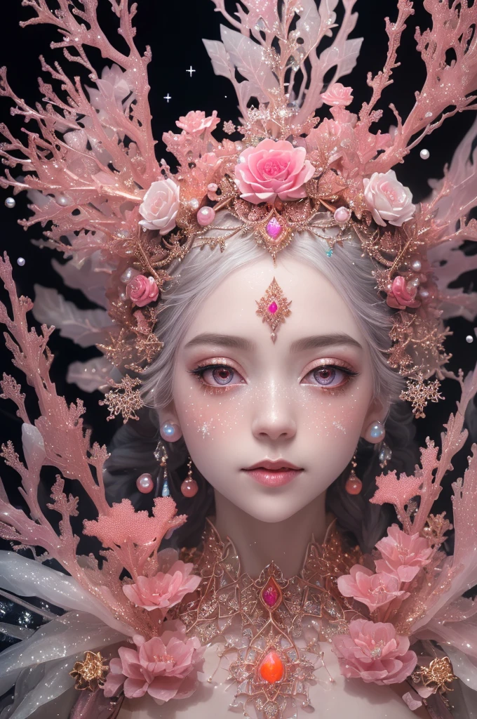 photo RAW, (Black, pink, fuchsia, red : Portrait of a ghostly long tailed crystal, white ice crystals, opal snowflakes, rose gold minerals, woman, shiny aura, highly detailed, frozen organically grown crystals, gold and pearl filigree, intricate motifs, organic tracery, Kirnan Shipka, Januz Miralles, Hikari Shimoda, glowing stardust by W. Zelmer, perfect composition, smooth, sharp focus, sparkling particles, lively coral reef background Realistic, realism, hd, 35mm photograph, 8k), masterpiece, award winning photography, natural light, perfect composition, high detail, hyper realistic
