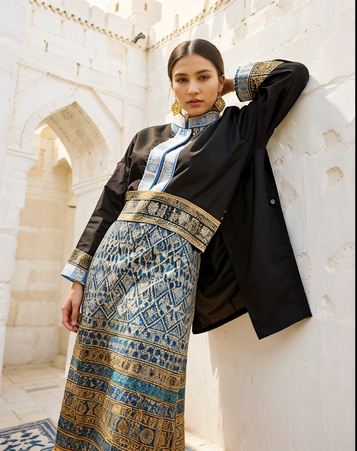 high fashion, hyperrealism, clothing in the style of the Ark fortress, the ancient citadel in Bukhara, Uzbekistan, material with a traditional pattern or drawings in the spirit of the works of artists of that time: at the same time, clothing models refer to those times,material decorated with traditional patterns or drawings inspired by the works of famous artists to create a unique image