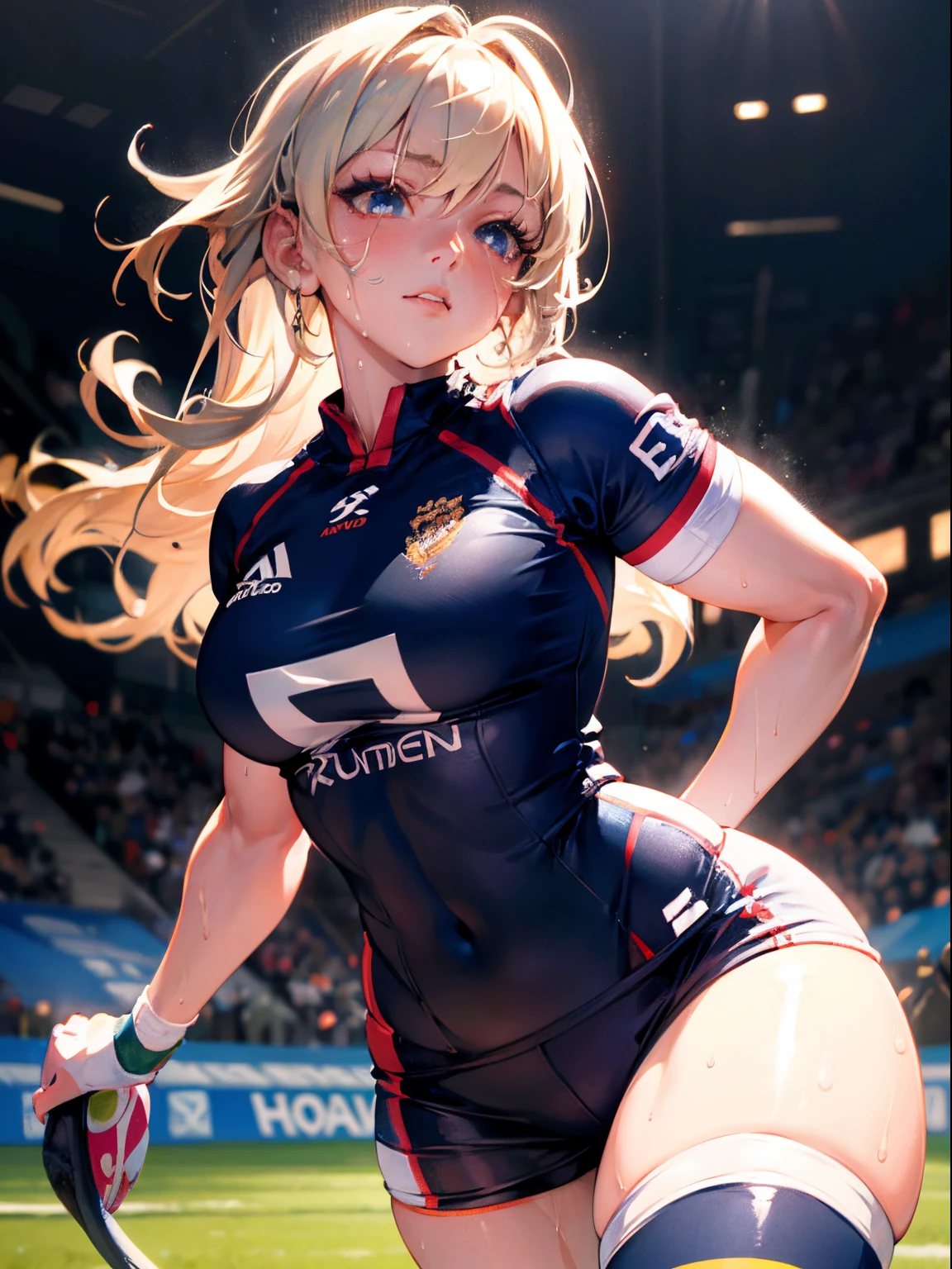 Best Quality, masutepiece, High resolution, (Anime Heroine Illustration), Anime Paint, 1beautiful girl ,Dynamic Angle,Female rugby athlete,small head,Large breasts,nice legs, Glowing skin, Sweat,At the rugby venue ,Detailed beautiful face,Large eyes,detailed hairs,detailed skins,Realistic Skins,Sweat,detailed clothes,