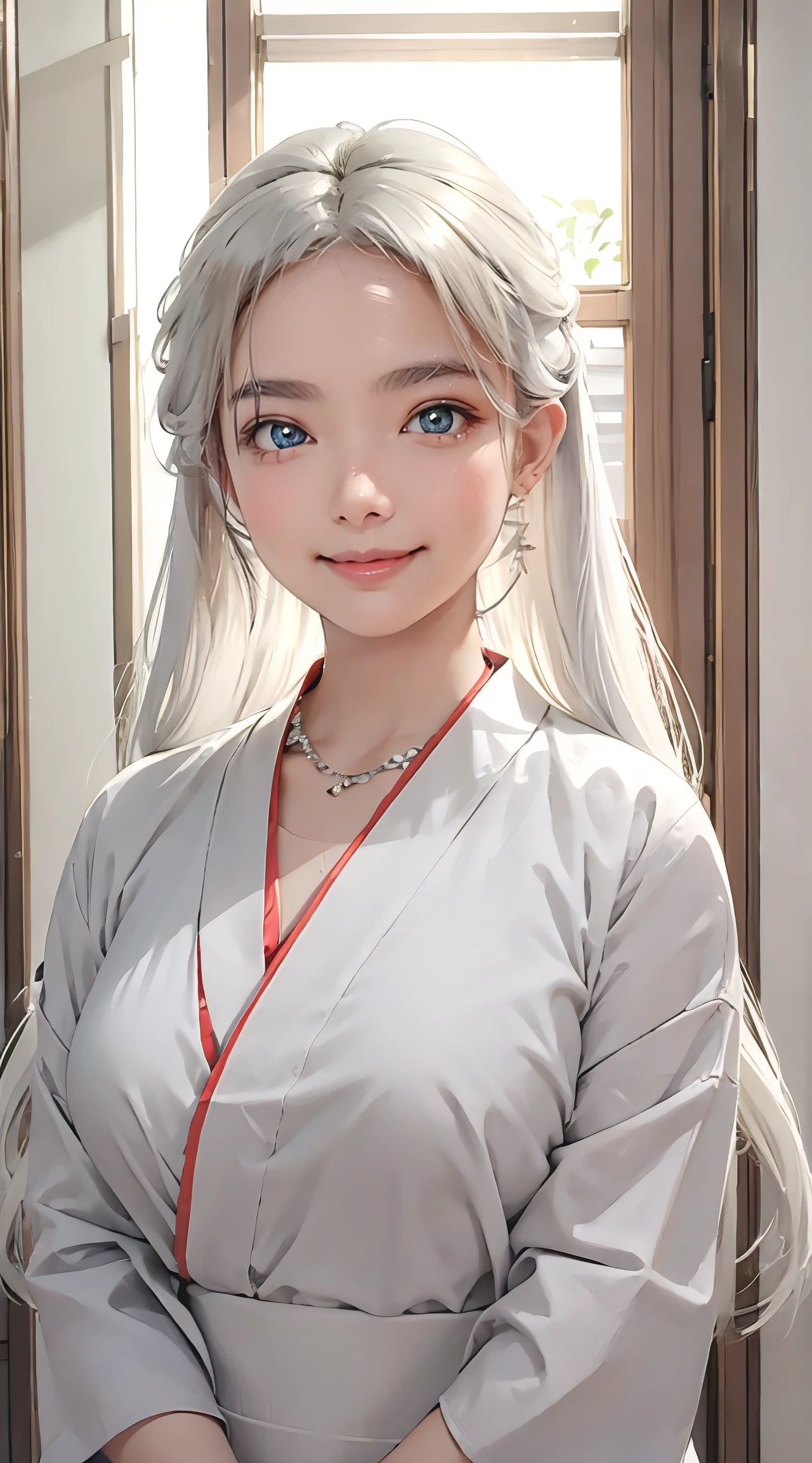 (masterpiece, best quality), portrait, upper body shot, standing inside bathroom, aroused, necklace, earrings, long white hair, white kimono, superb, ultra-high-definition, RAW photo, realism: 1.25, (bright lip gloss, long eyelashes, smooth face , bright skin, natural shadows, wide light, wide light, depth of field, strong colors, subtle caustics: 0.8), smile, (big tits), v6