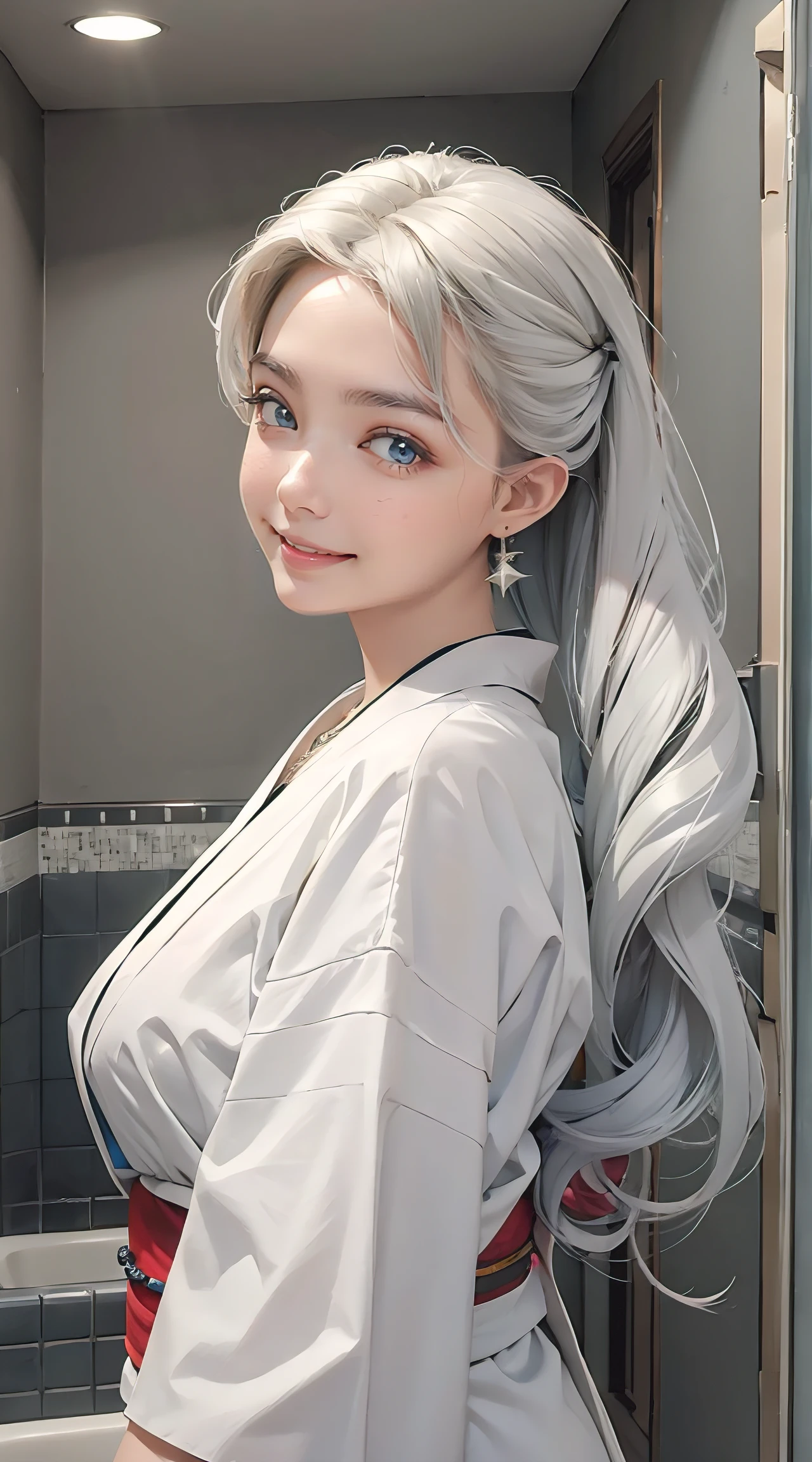 (masterpiece, best quality), portrait, upper body shot, standing inside bathroom, aroused, necklace, earrings, long white hair, white kimono, superb, ultra-high-definition, RAW photo, realism: 1.25, (bright lip gloss, long eyelashes, smooth face , bright skin, natural shadows, wide light, wide light, depth of field, strong colors, subtle caustics: 0.8), smile, (big tits), v6