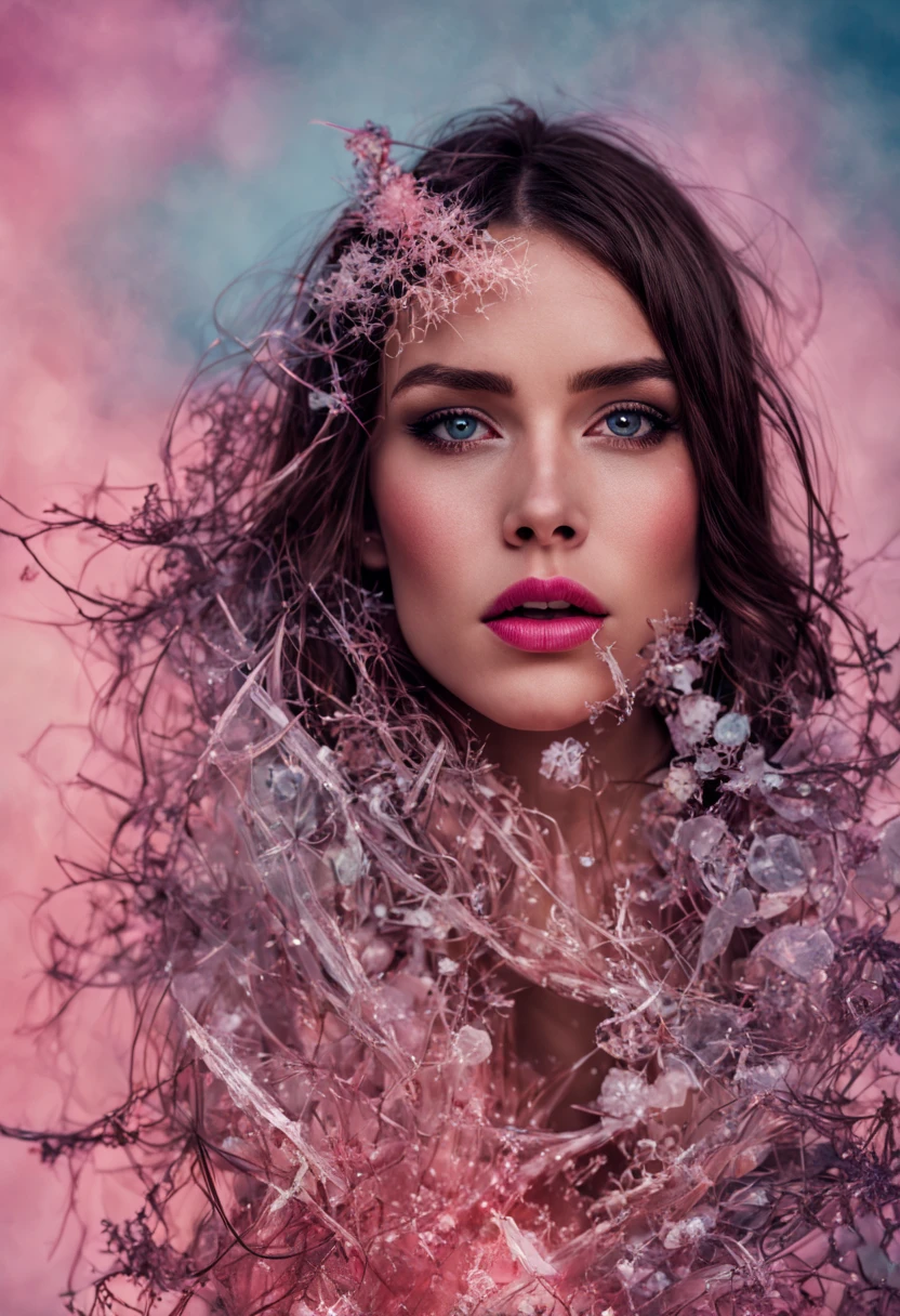 photo RAW, (Black, pink, fuchsia, red : Portrait of a ghostly long tailed crystal, white ice crystals, opal snowflakes, rose gold minerals, woman, shiny aura, highly detailed, frozen organically grown crystals, gold and pearl filigree, intricate motifs, organic tracery, Kirnan Shipka, Januz Miralles, Hikari Shimoda, glowing stardust by W. Zelmer, perfect composition, smooth, sharp focus, sparkling particles, lively coral reef background Realistic, realism, hd, 35mm photograph, 8k), masterpiece, award winning photography, natural light, perfect composition, high detail, hyper realistic
