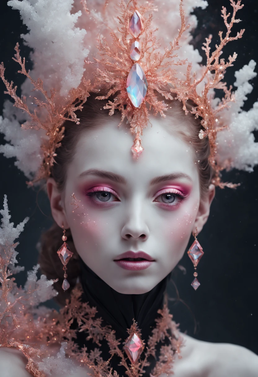 photo RAW, (Black, pink, fuchsia, red : Portrait of a ghostly long tailed crystal, white ice crystals, opal snowflakes, rose gold minerals, woman, shiny aura, highly detailed, frozen organically grown crystals, gold and pearl filigree, intricate motifs, organic tracery, Kirnan Shipka, Januz Miralles, Hikari Shimoda, glowing stardust by W. Zelmer, perfect composition, smooth, sharp focus, sparkling particles, lively coral reef background Realistic, realism, hd, 35mm photograph, 8k), masterpiece, award winning photography, natural light, perfect composition, high detail, hyper realistic