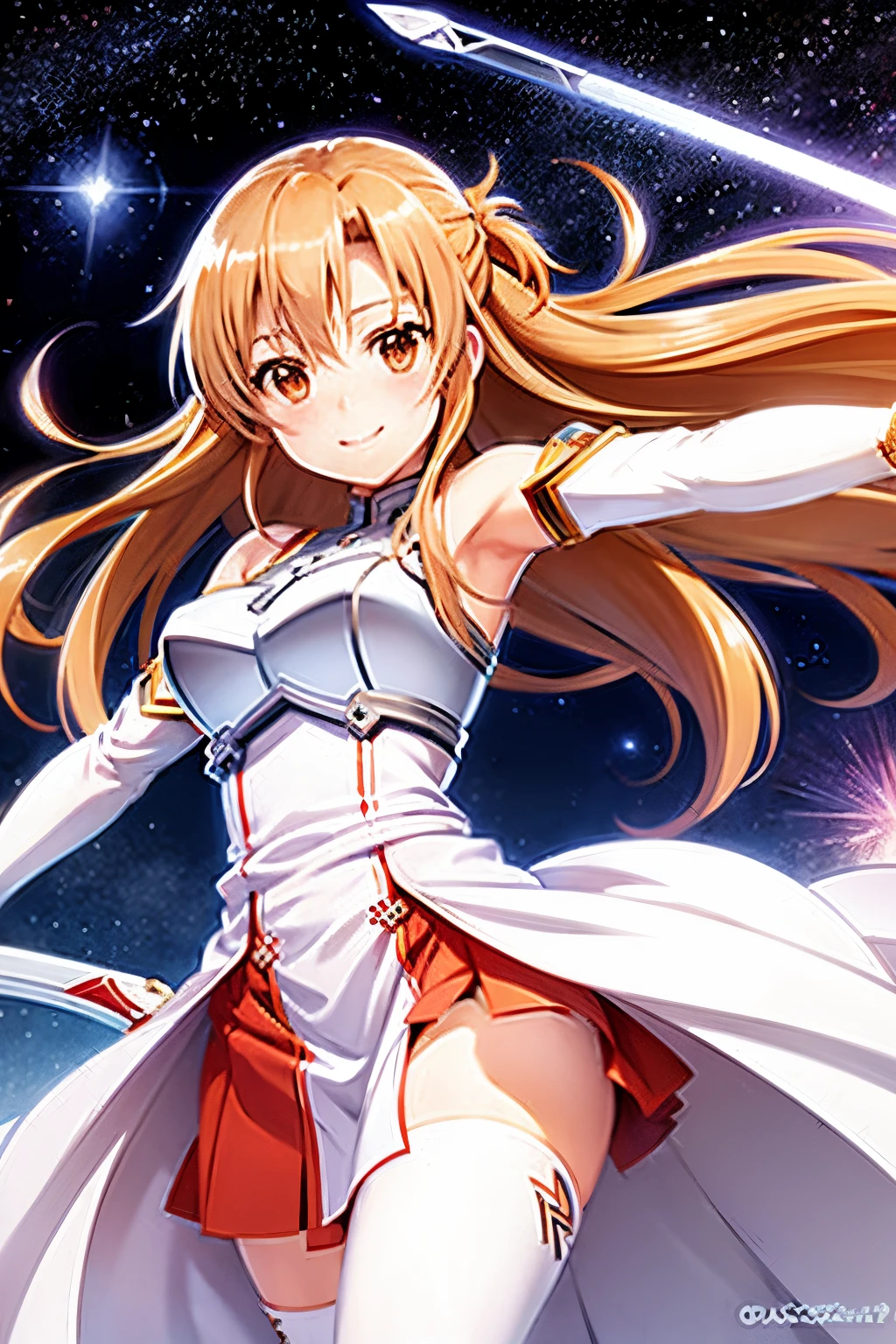 Asuna,light smile,sexy,sword, holding weapon, white dress, armor, floating hair, red skirt, holding sword, outstretched arm, best quality