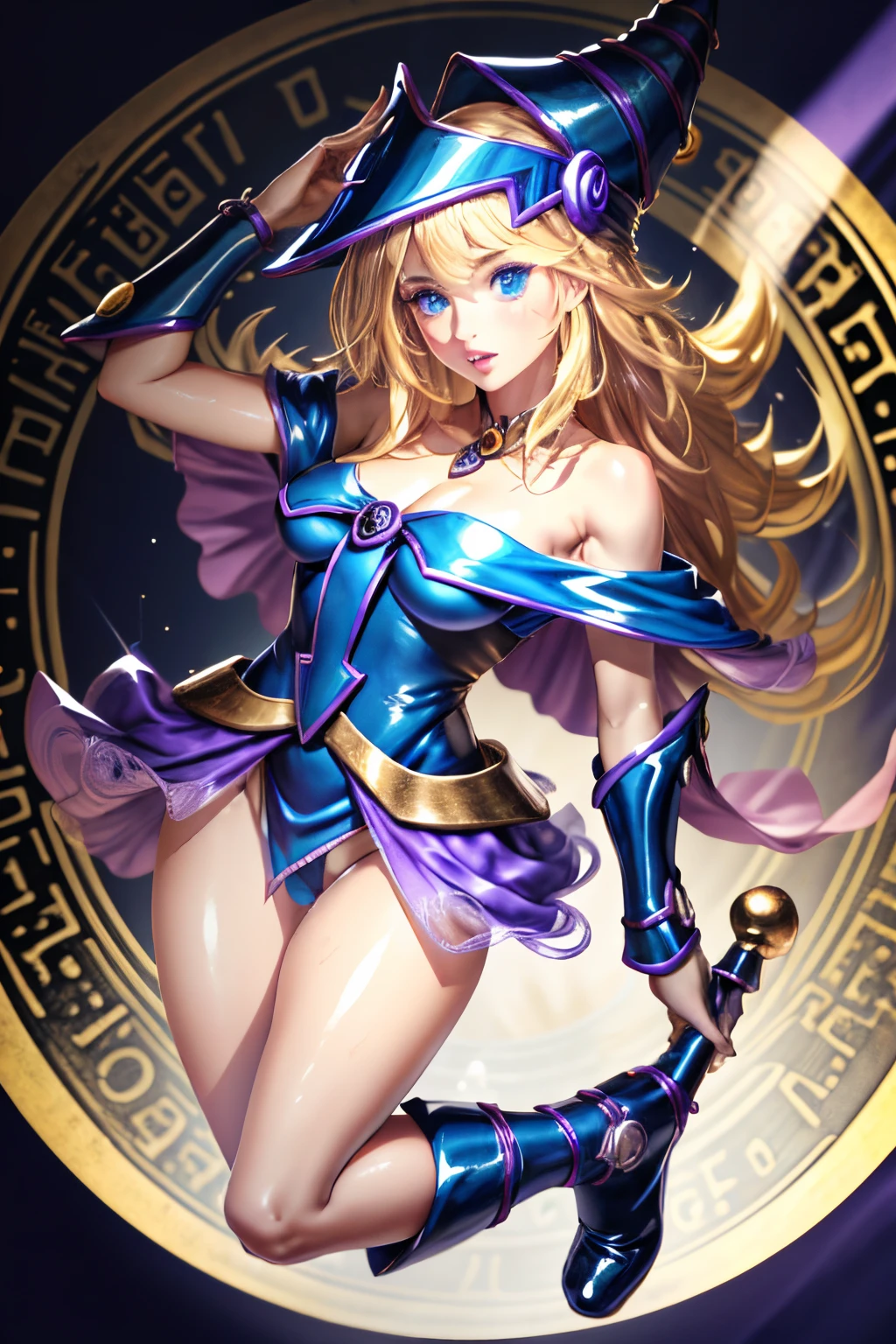 ultra-detailed, extremely detailed, masterpiece, highest quality, best quality, absurdres, highres, dark magician girl, (1girl:1.2), solo, detailed face, dynamic pose, hair flow, (full body:1.1),  blonde hair, long hair, looking at viewer, green eyes, skindentation, detailed skin, skin pores, (shiny skin, glossy skin:1.1), rosy skin details, breasts, nail polish, skirt, blue footwear, blue headwear, wizard hat, wand, holding hat, (blue panties:0.9), (summoning circle:1.1), hexagram, pentacle, pentagram, yu-gi-oh!, duel monster, purple magic field, glow, detailed background, intricate background,