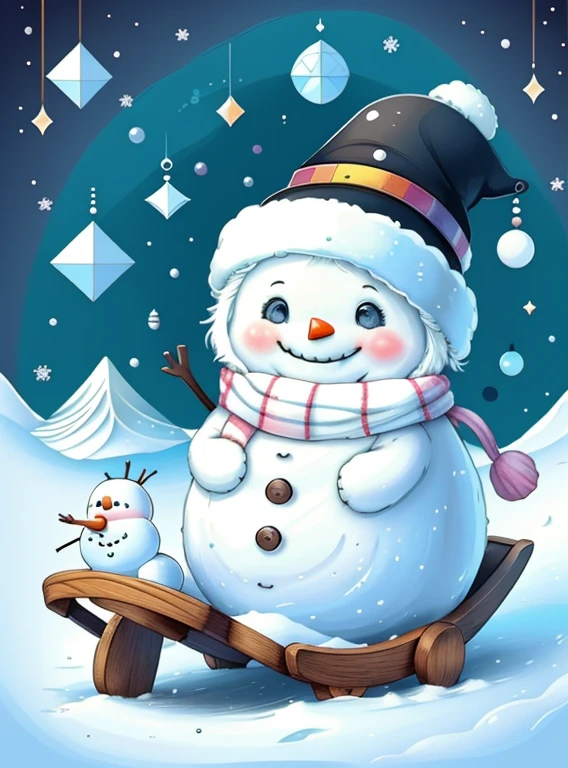 (cute baby snowman smiling with sled), Munchkin ,Geometric multidimensional wall portrait, livro de arte, Tchibi,
Yang08k, Beautiful, Colouring,
Obras, of the highest quality, best quality, Arte Oficial, Beautiful and Aesthetic,