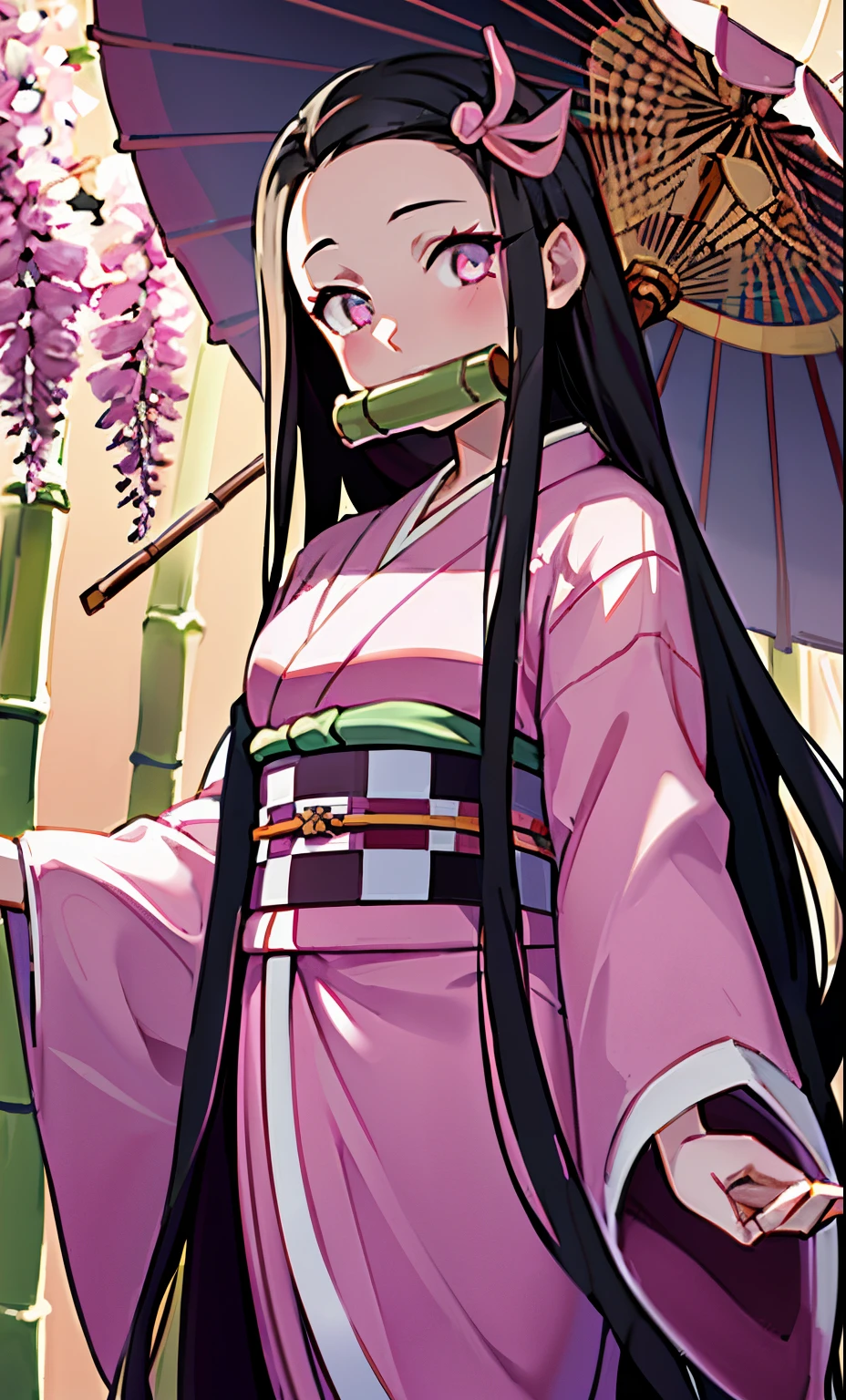 masterpiece, (pink kimono), seductive face, good lighting, low-cut, fine details, masterpiece, glowing eyes, 1girl, black hair, gag, bamboo, Nezuko Kamado, wisteria background, masterpiece, best quality, POV, whole body, wide hips,