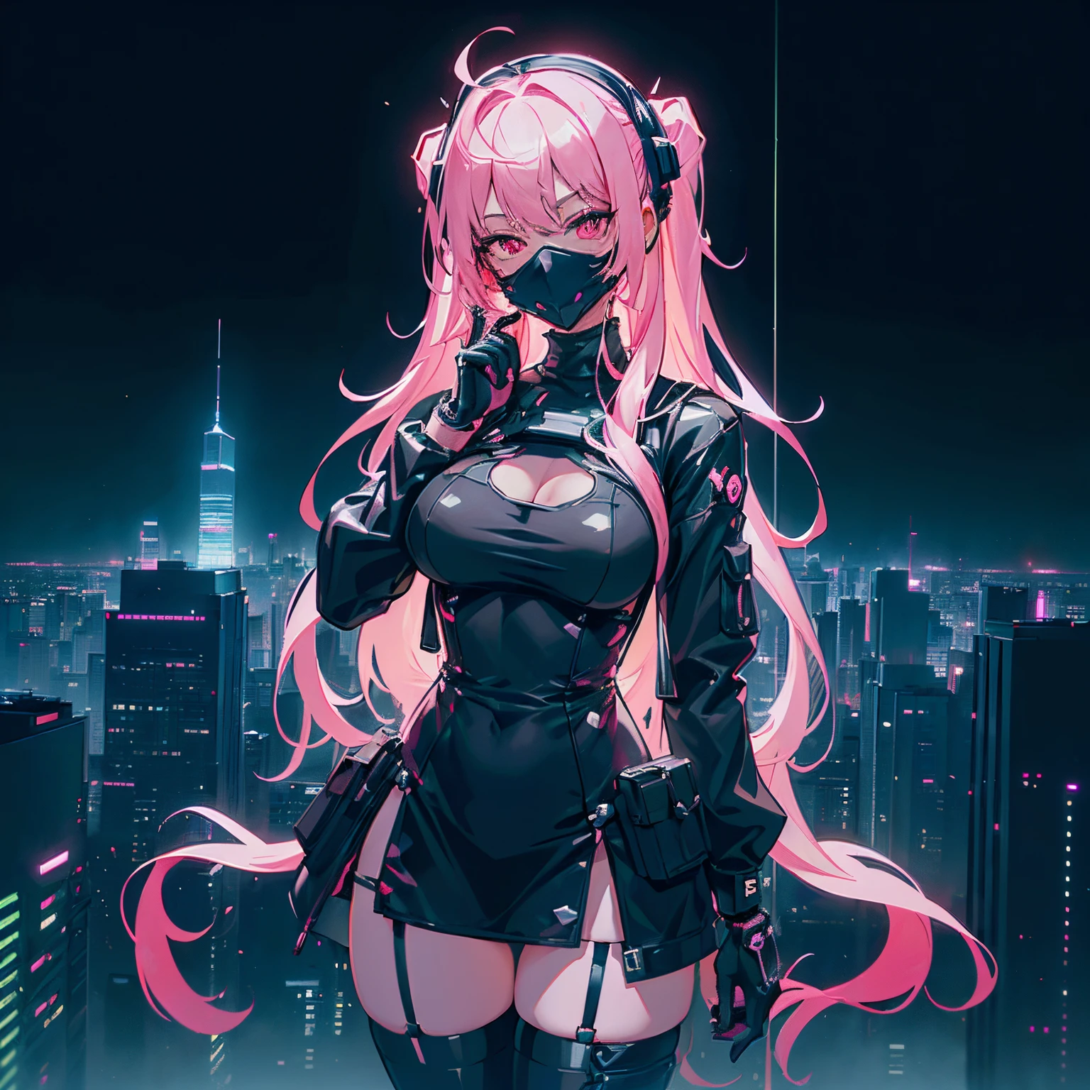 anime, (masterpiece, best quality, ultra-detailed, high-contrast), 1 girl (solo, full body, petite body, standing at the edge of skyscraper,  silver hair, (((cyber respirator mask covering mouth, black cyber mask with neon pink))), long flowing hair, glowing red ruby eyes, (black dress, neon pink dress highlights), black see-through stockings), (skyscraper rooftop, overlooking a city, detailed background ((night time, darkness, low light pollution)))