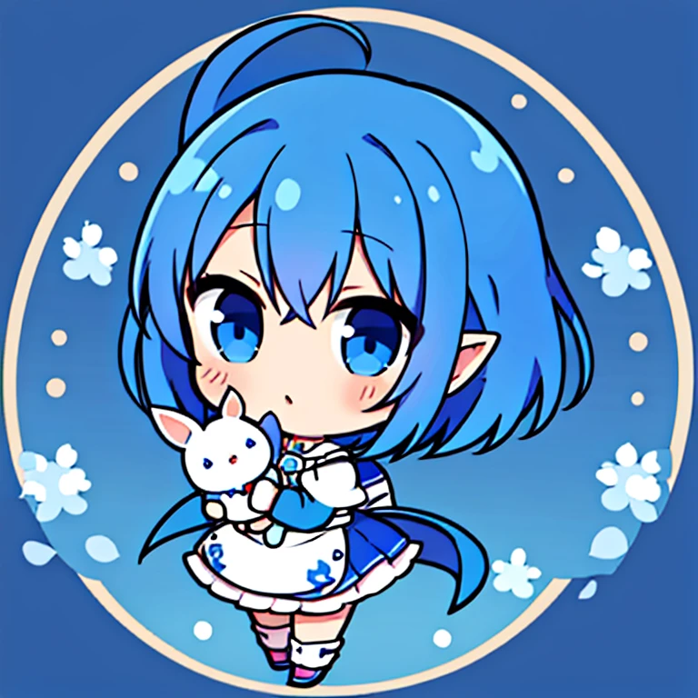 anime girl elf with short blue hair holding a white rabbit, cute anime in a nice mage outfit