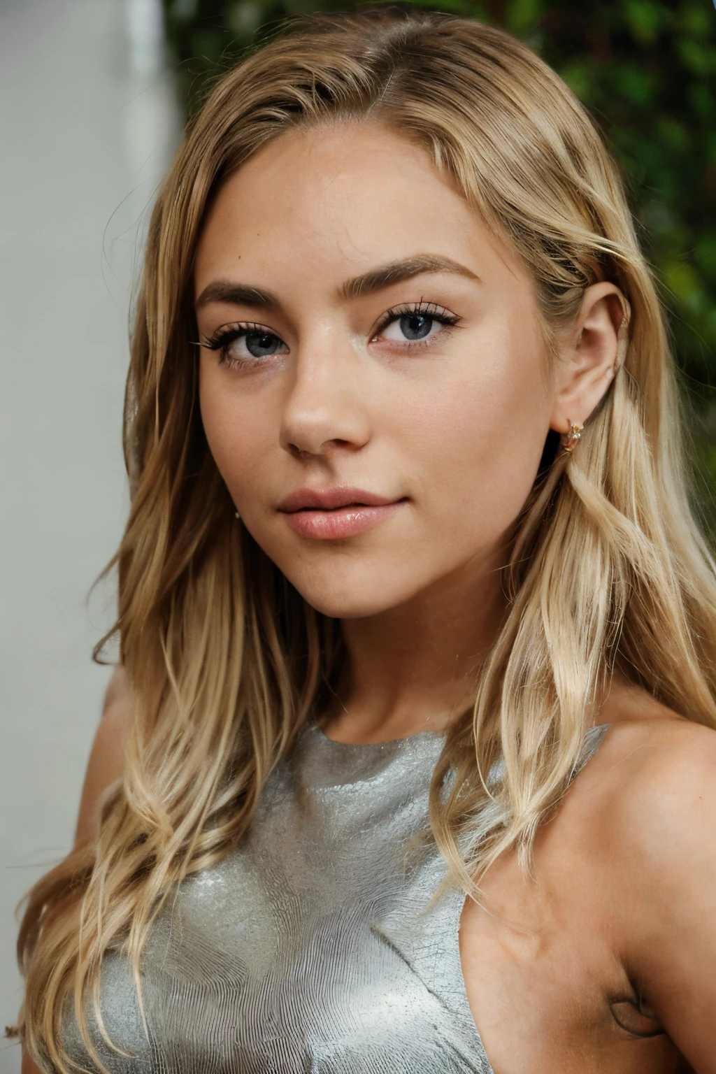 Gorgeous young lady with light skin and loose, wavy blonde hair with brown roots, bright green eyes, wearing a Louis Vuitton Dress , emphasized by delicate eye makeup, and natural, arched eyebrows, her makeup is understated, featuring a touch of blush and neutral pink lips, the focus and lighting on her face bring out the depth of her eyes and the soft texture of her skin, really sexy. She has medium naturals tits, biting her inferior lip, and seems to crave for having sex. She's in sexy positions on her bed